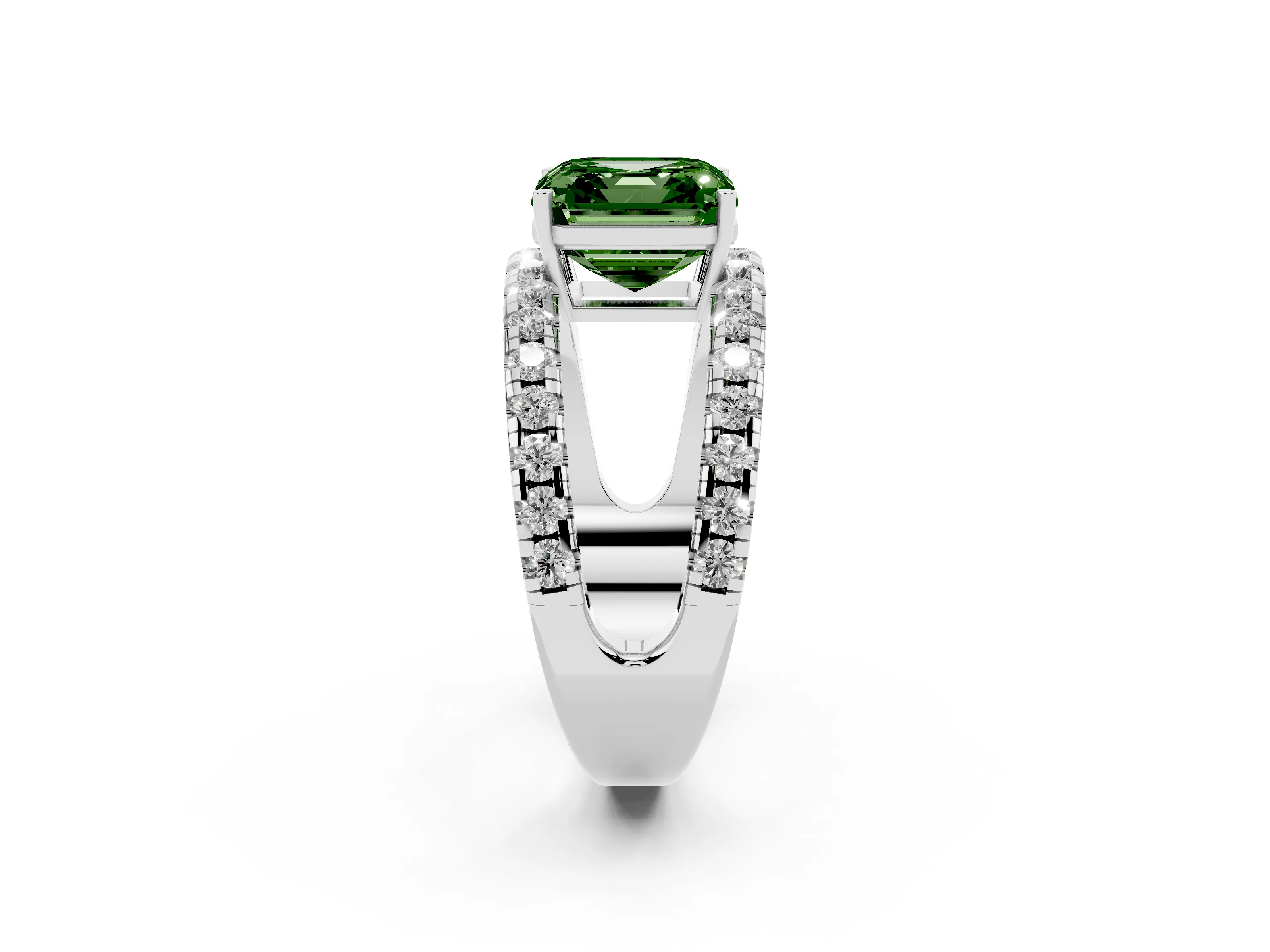 Fancy Green Asscher Cut Diamond Split Shank Pavé Solitaire Ring Set in Platinum with Open Shank Design