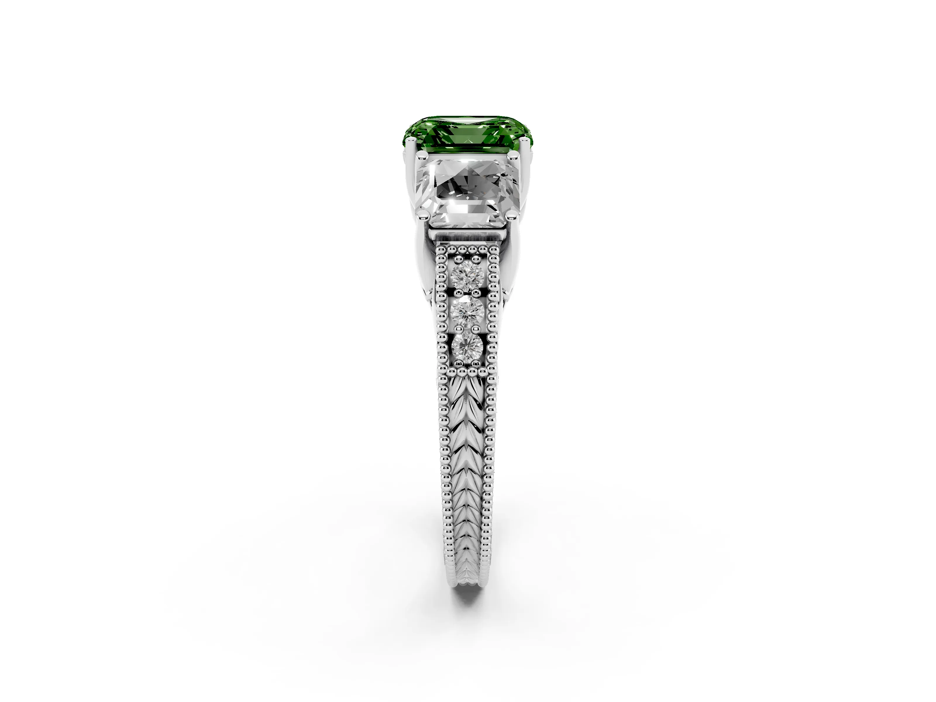 Fancy Green Asscher Cut Diamond Three-Stone Engagement Ring Set in Platinum with Milgrain Pavé Band