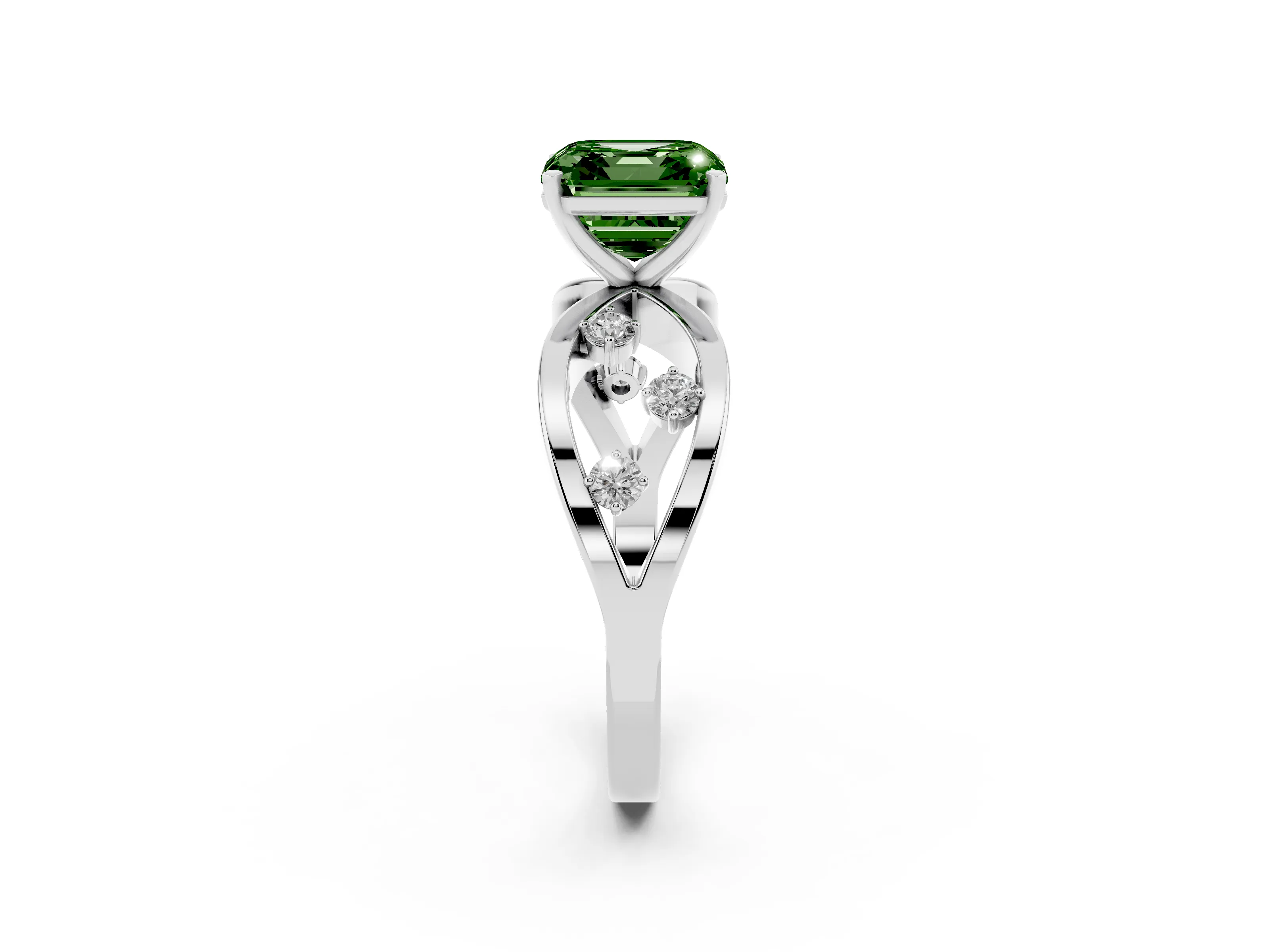 Fancy Green Asscher Cut Diamond Solitaire Ring Set in Silver with Side Stones on Criss-Cross Band and Prong Setting