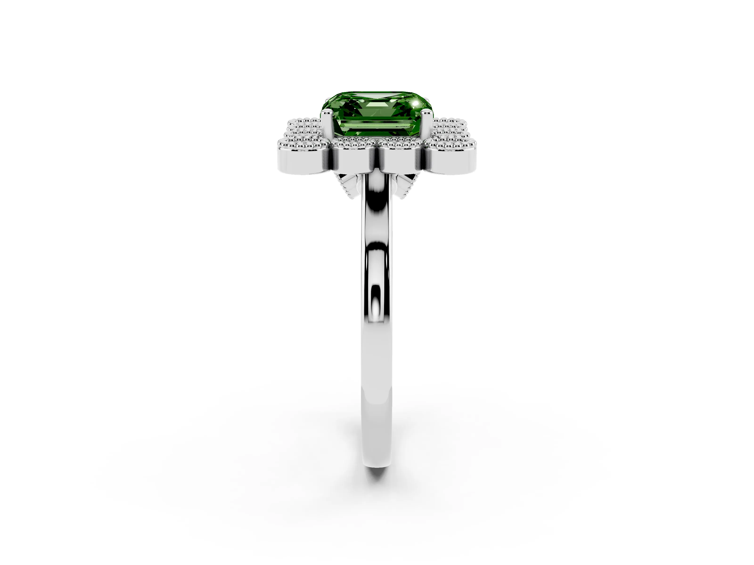 Fancy Green Asscher Cut Diamond Cluster Halo Ring Set in White gold with Milgrain Bezel Accents and Plain Band