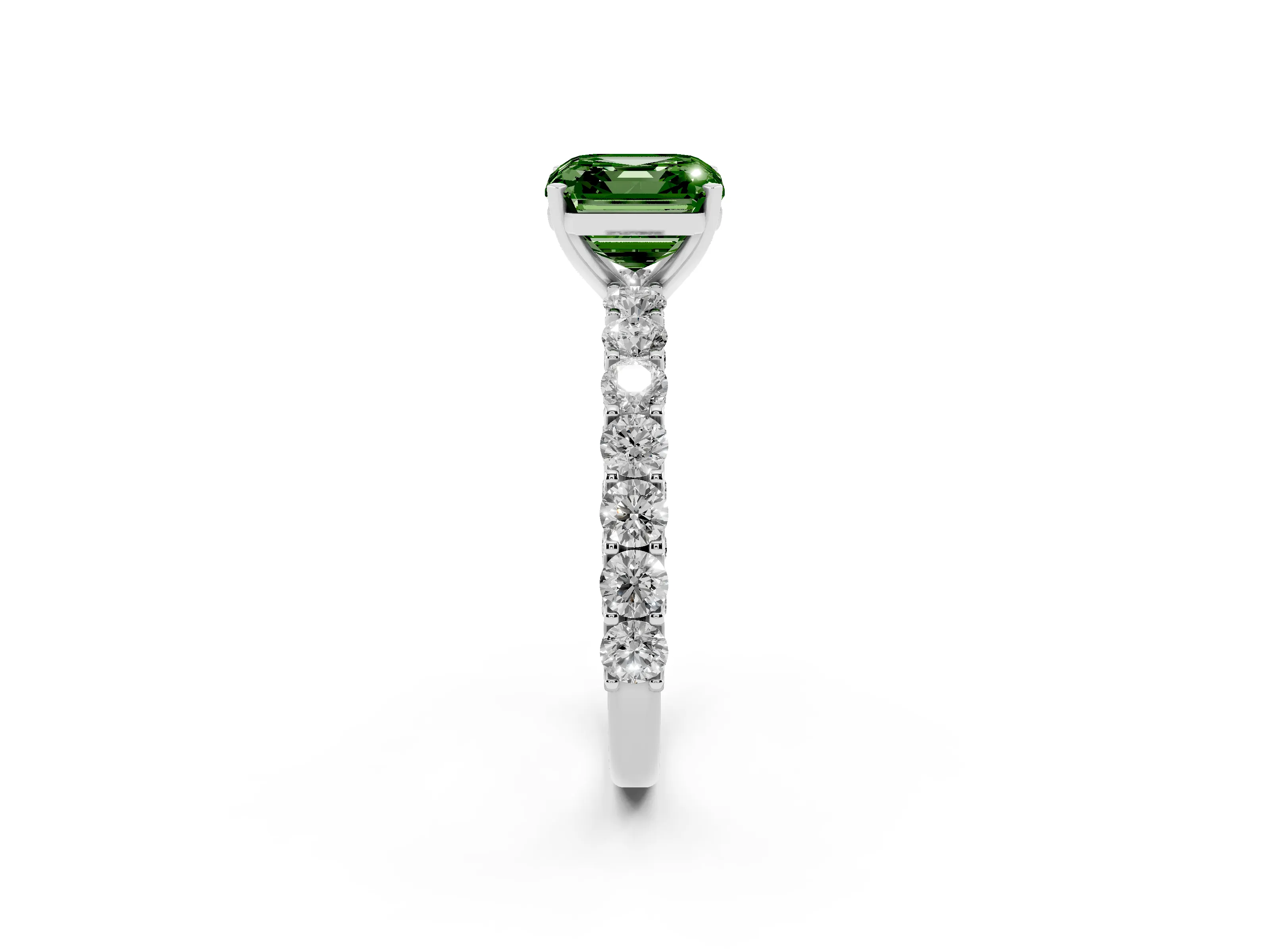 Fancy Green Asscher Cut Diamond Solitaire Ring Set in Silver with Shared Prong Pavé Band
