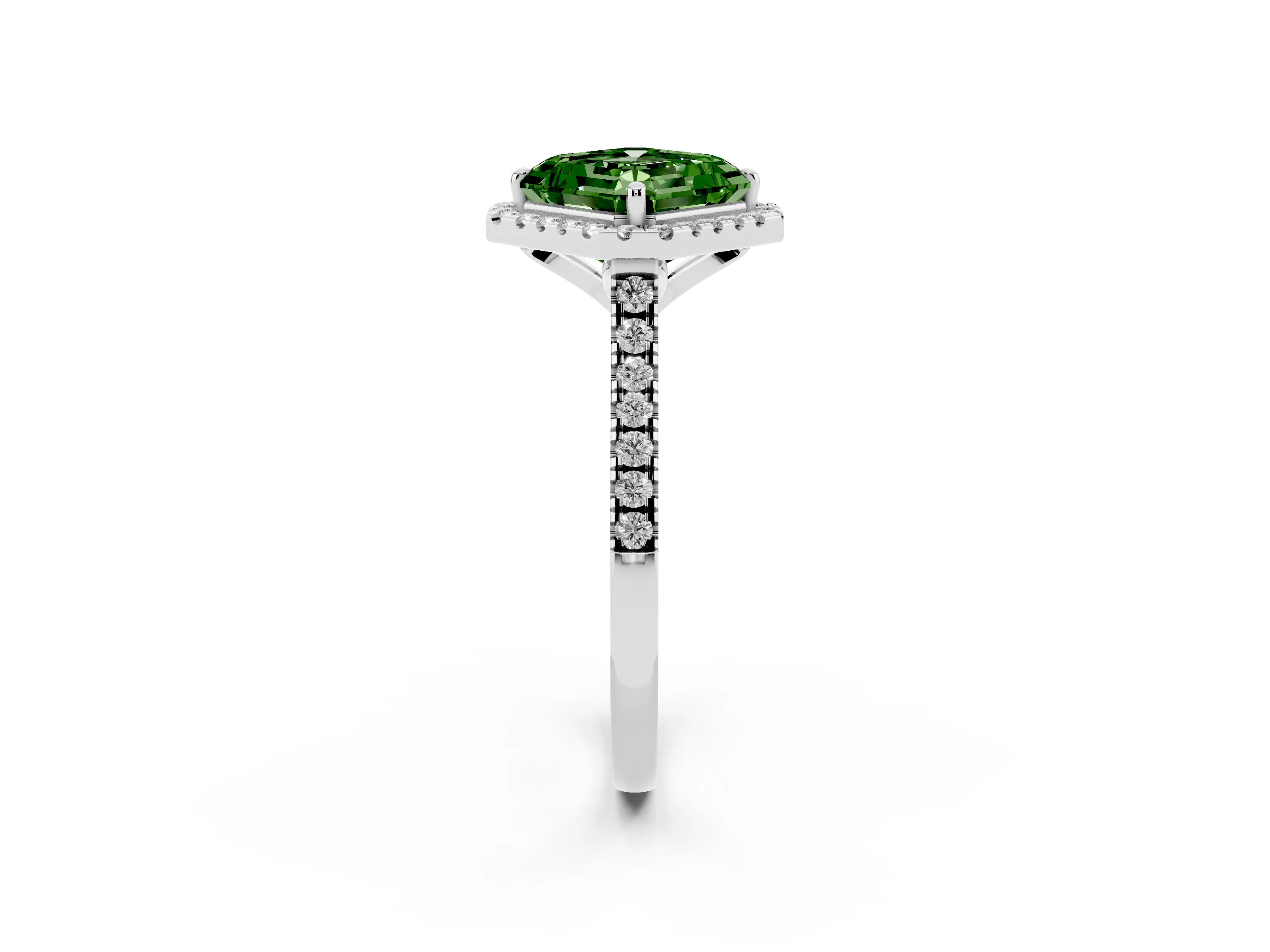 Fancy Green Asscher Cut Diamond Cushion Halo Ring Set in Silver with Pavé Band