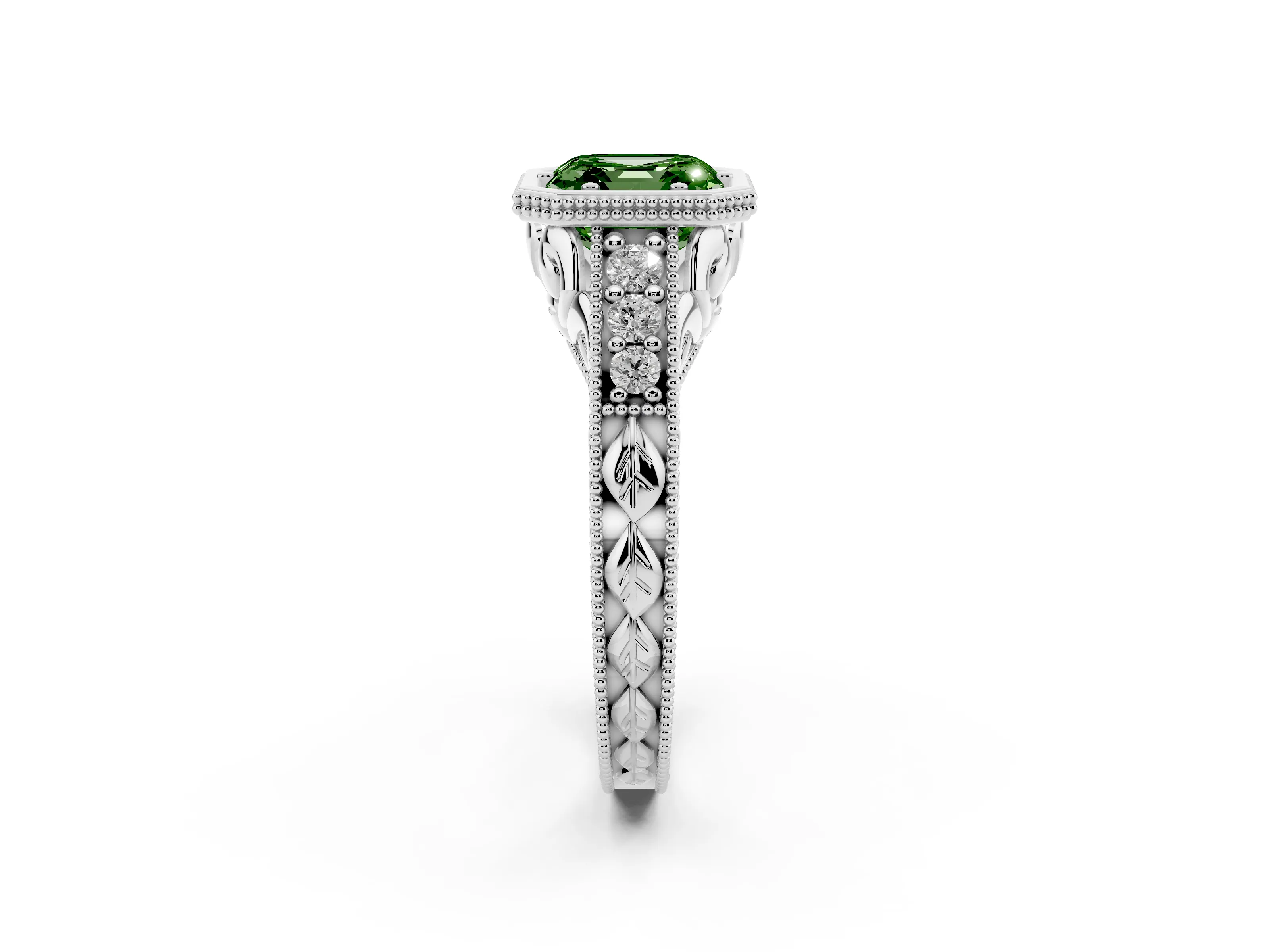 Fancy Green Bezel Set Asscher Cut Diamond Milgrain Pavé Engagement Ring Set in Silver