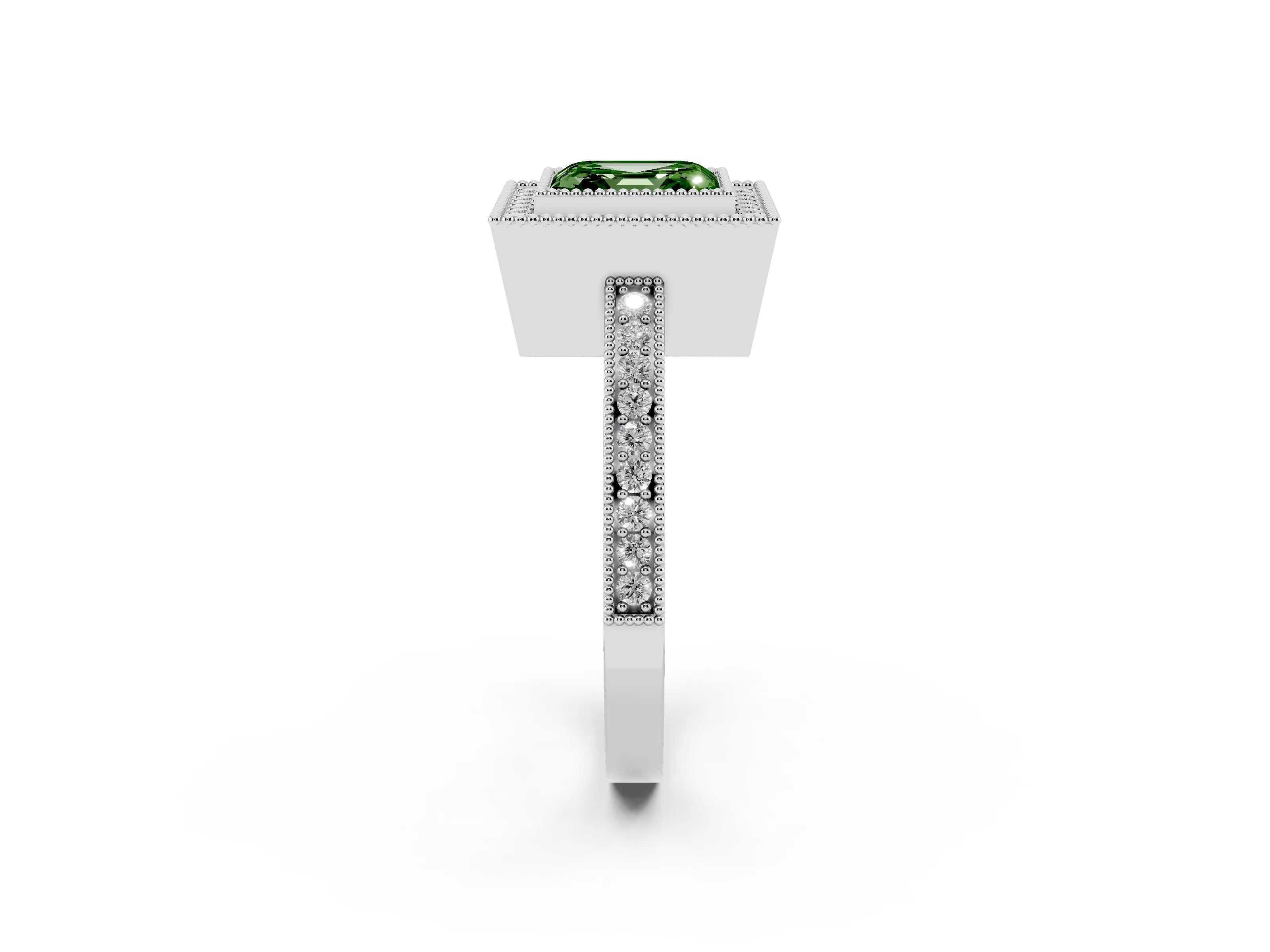 Fancy Green Asscher Cut Diamond Round Halo Ring Set in White gold with Pavé Band