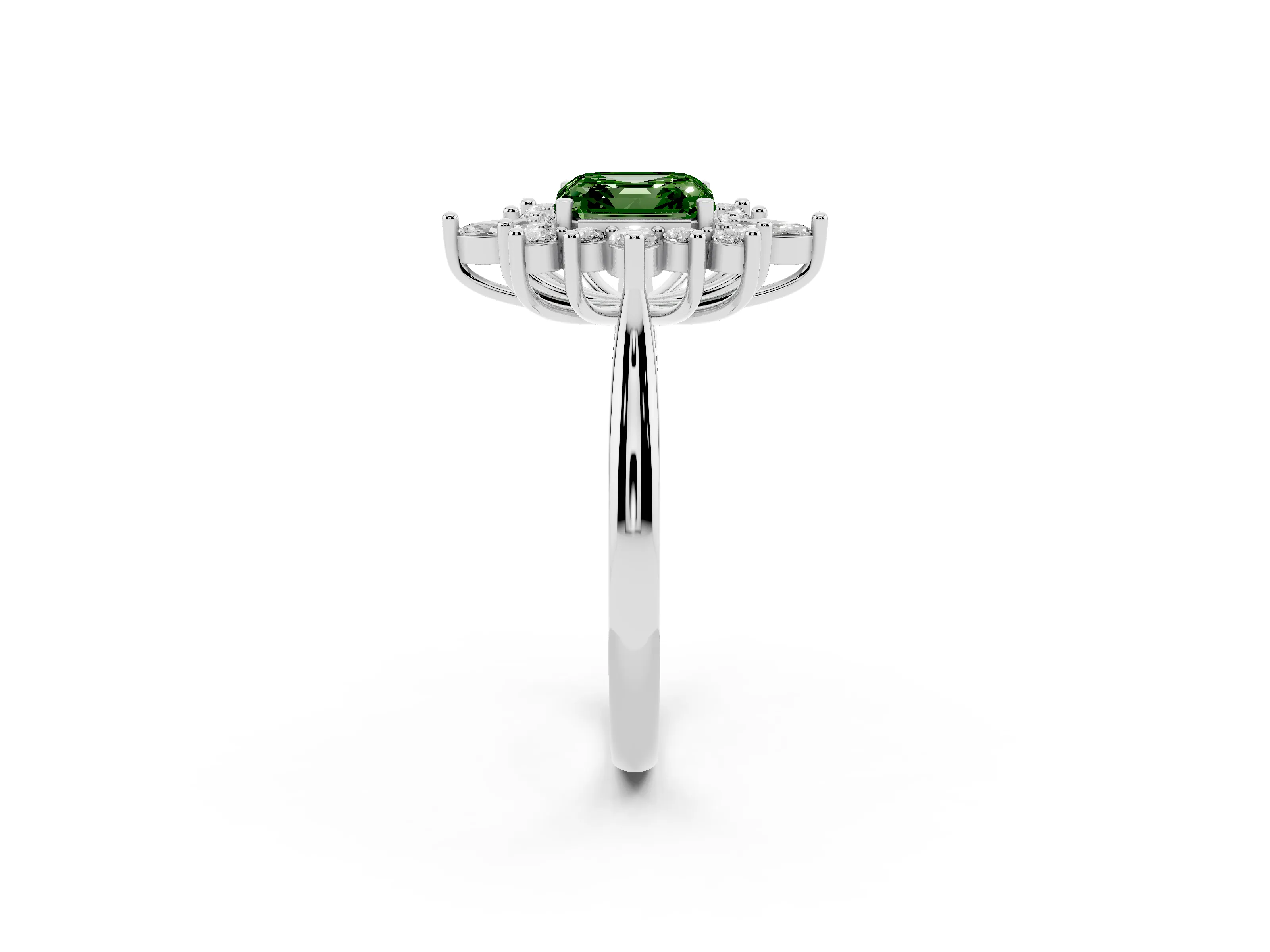 Fancy Green Asscher Cut Diamond Cluster Halo Ring Set in White gold with Marquise and Round Accents