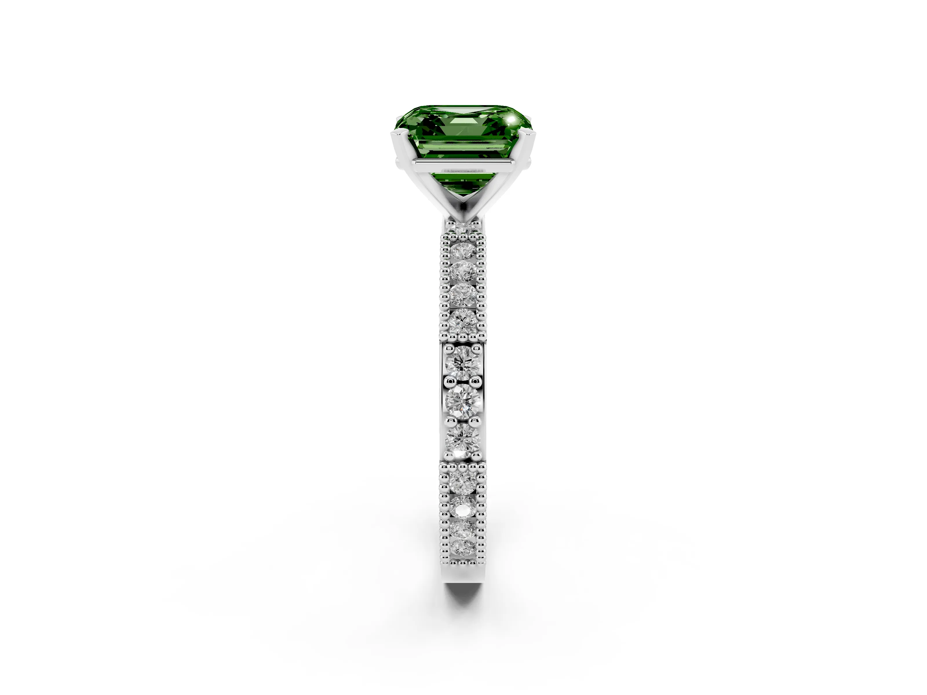 Fancy Green Asscher Cut Diamond Solitaire Ring Set in Platinum with Slim Pavé Band and Prong Setting