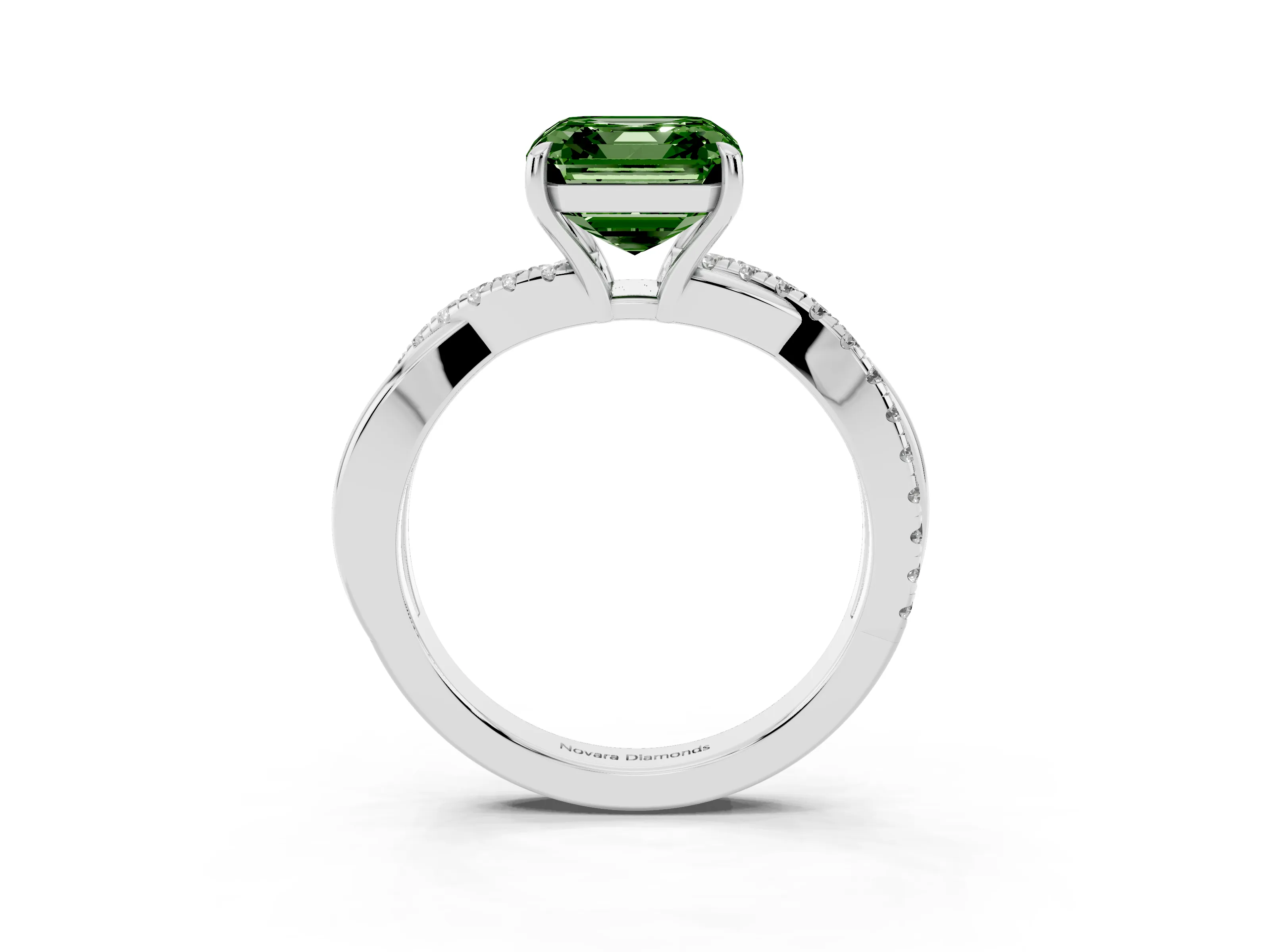 Fancy Green Asscher Cut Diamond Twisted Pavé Band Ring Set in Silver with Prong Setting