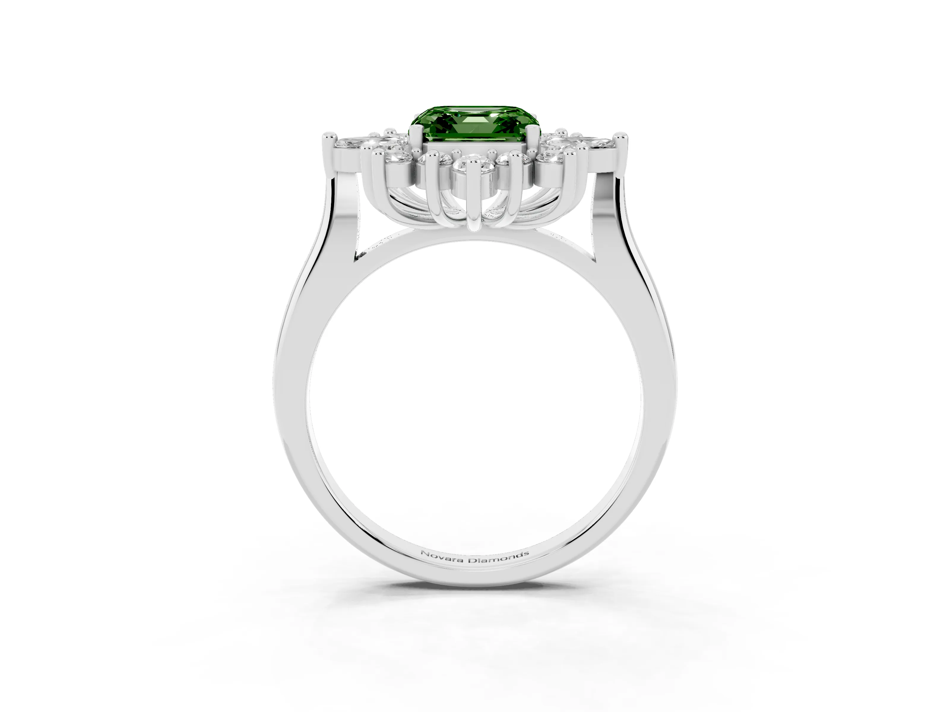 Fancy Green Asscher Cut Diamond Cluster Halo Ring Set in White gold with Marquise and Round Accents