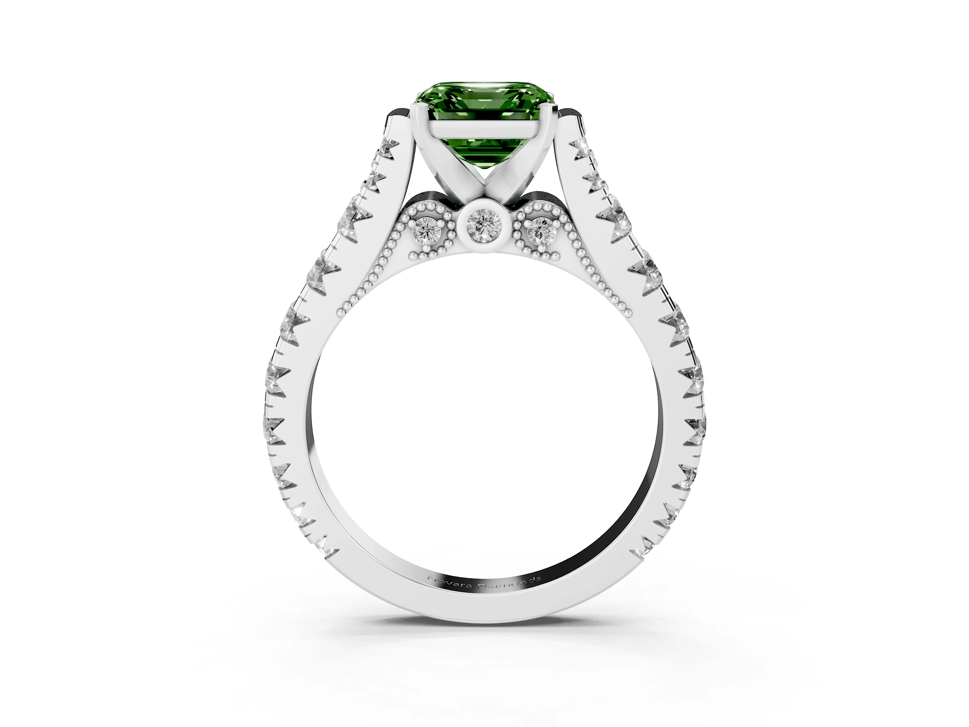 Fancy Green Asscher Cut Diamond Classic Solitaire Ring Set in White gold with Pavé Band and Prong Setting