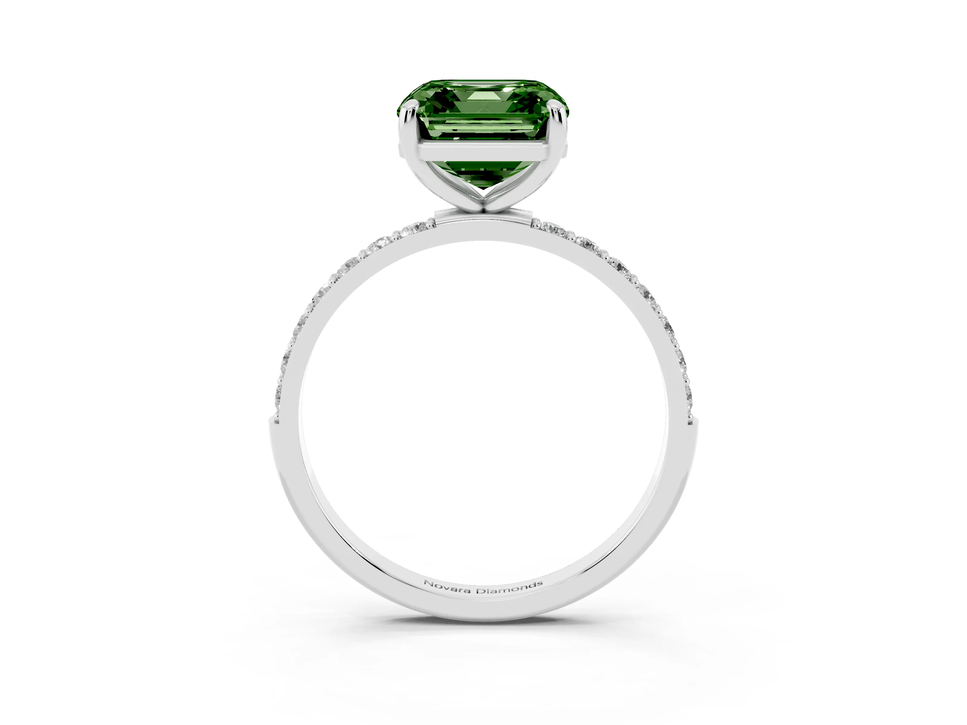 Fancy Green Asscher Cut Diamond Solitaire Ring Set in Silver with Round Pavé Band and Prong Setting