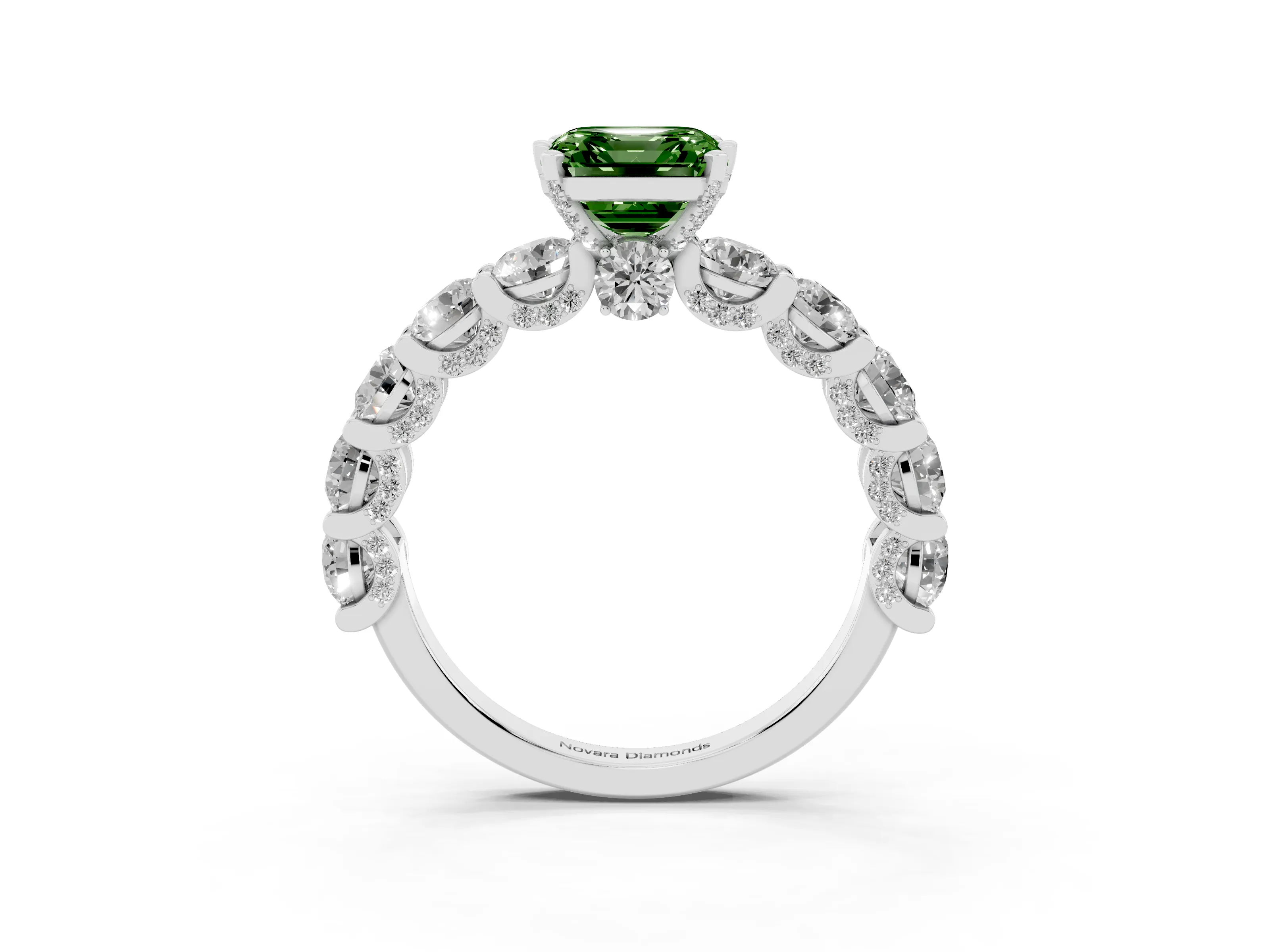 Fancy Green Asscher Cut Diamond Side Stone Ring Set in Silver with Alternating Round and Oval Side Stones