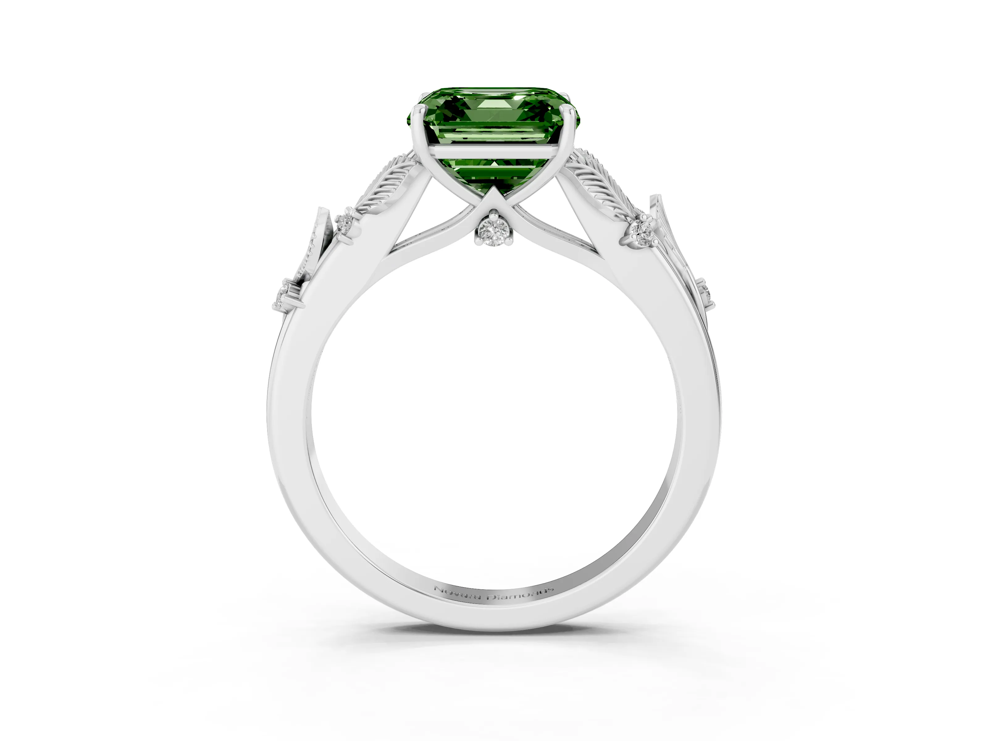 Fancy Green Asscher Cut Diamond Solitaire Ring Set in White gold with Leaf Motif Band