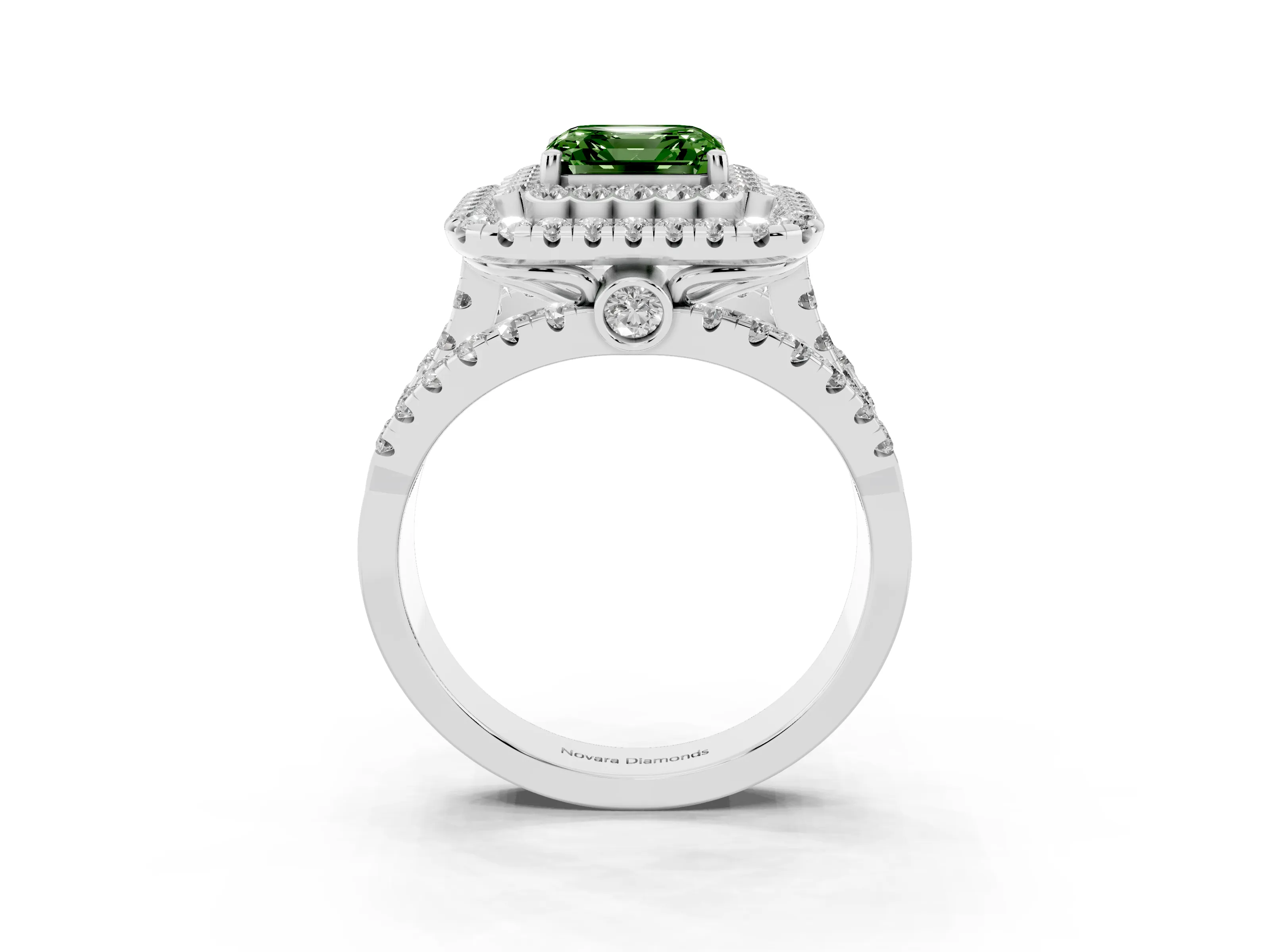 Fancy Green Asscher Cut Diamond Double Halo Ring Set in White gold with Round Pavé Split Shank
