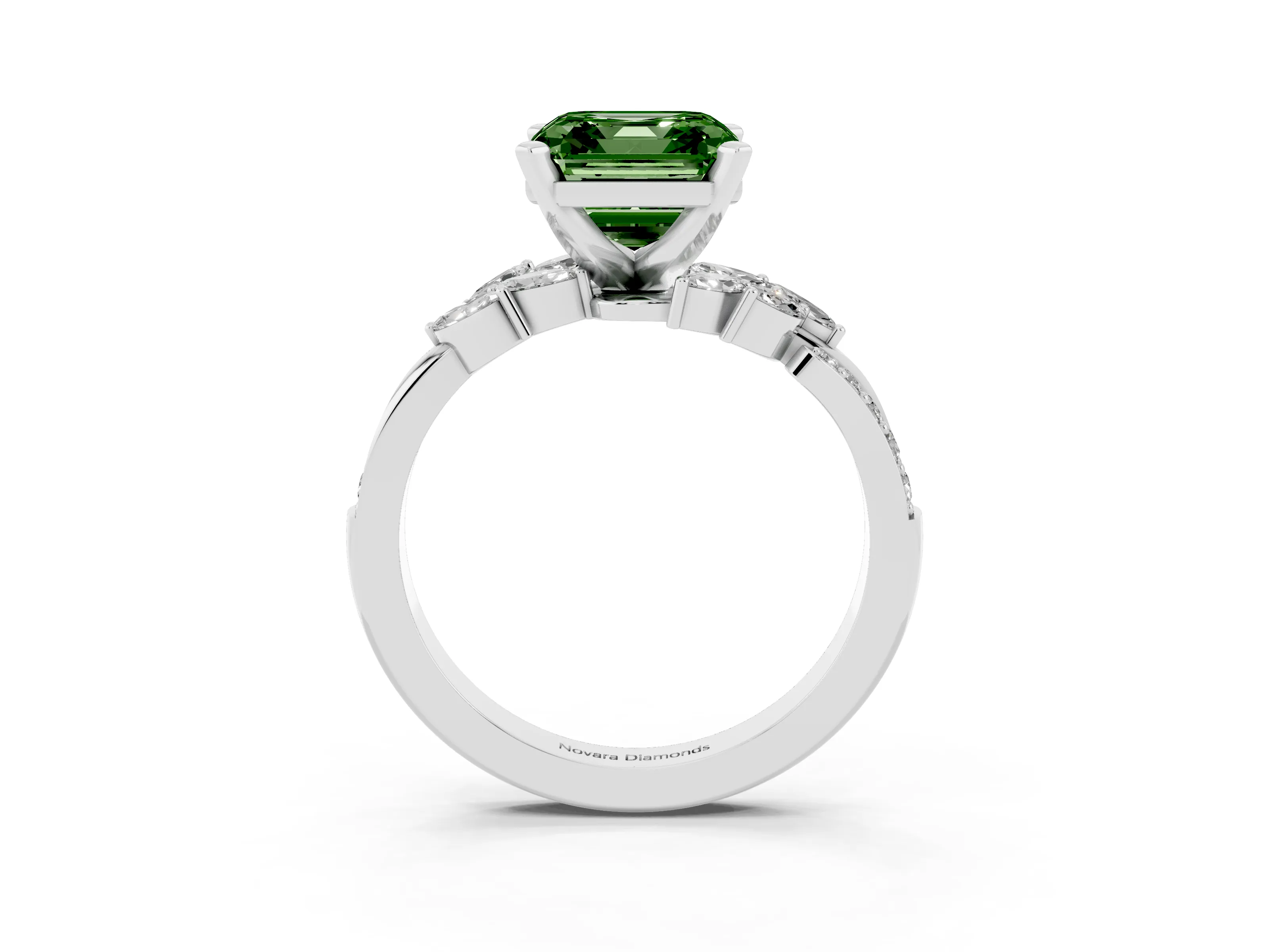 Fancy Green Asscher Cut Diamond Solitaire Ring Set in White gold with Marquise Twist Band and Prong Setting