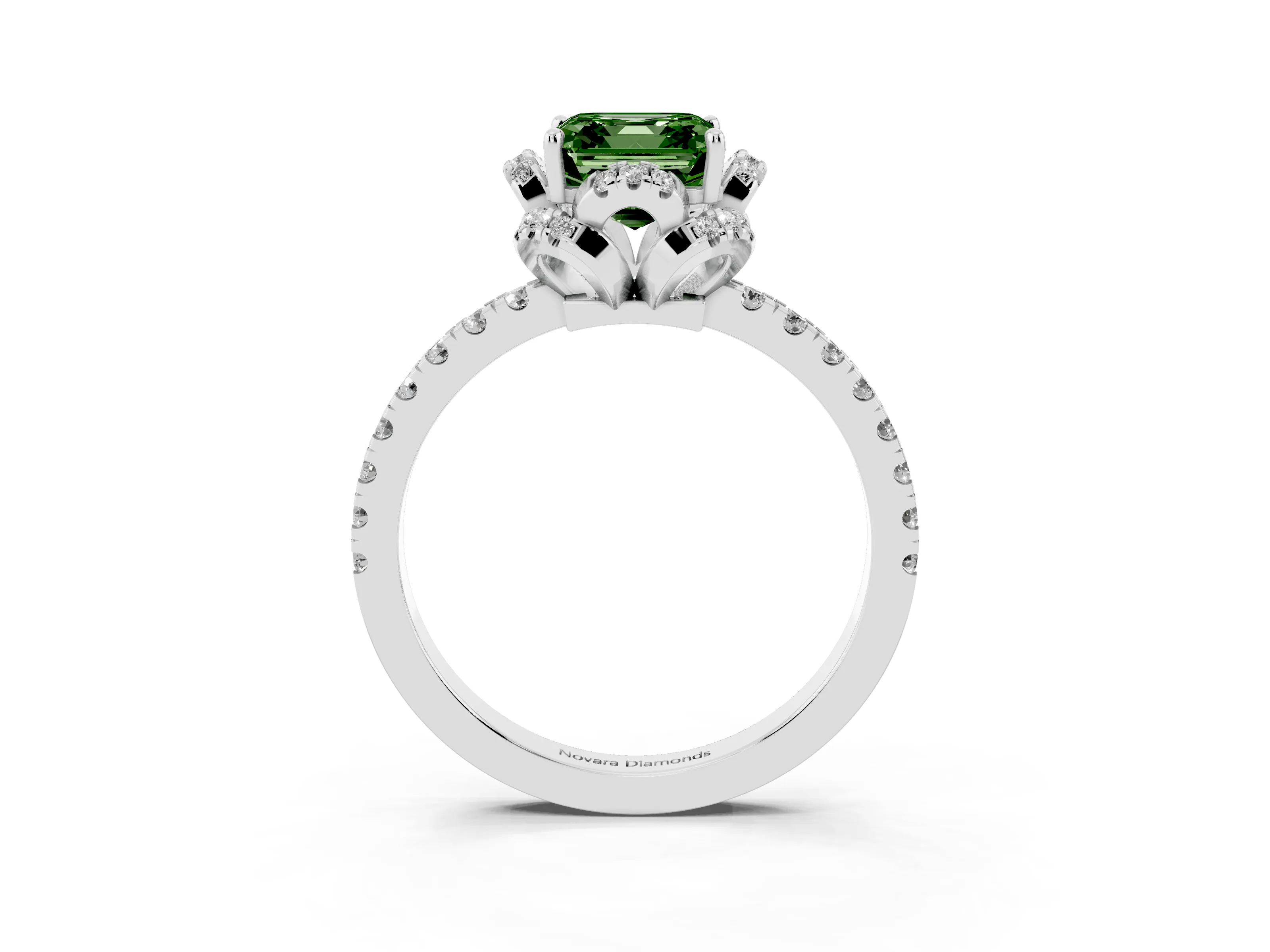 Fancy Green Asscher Cut Diamond Halo Pavé Ring Set in White gold with Prong-Held Center Stone