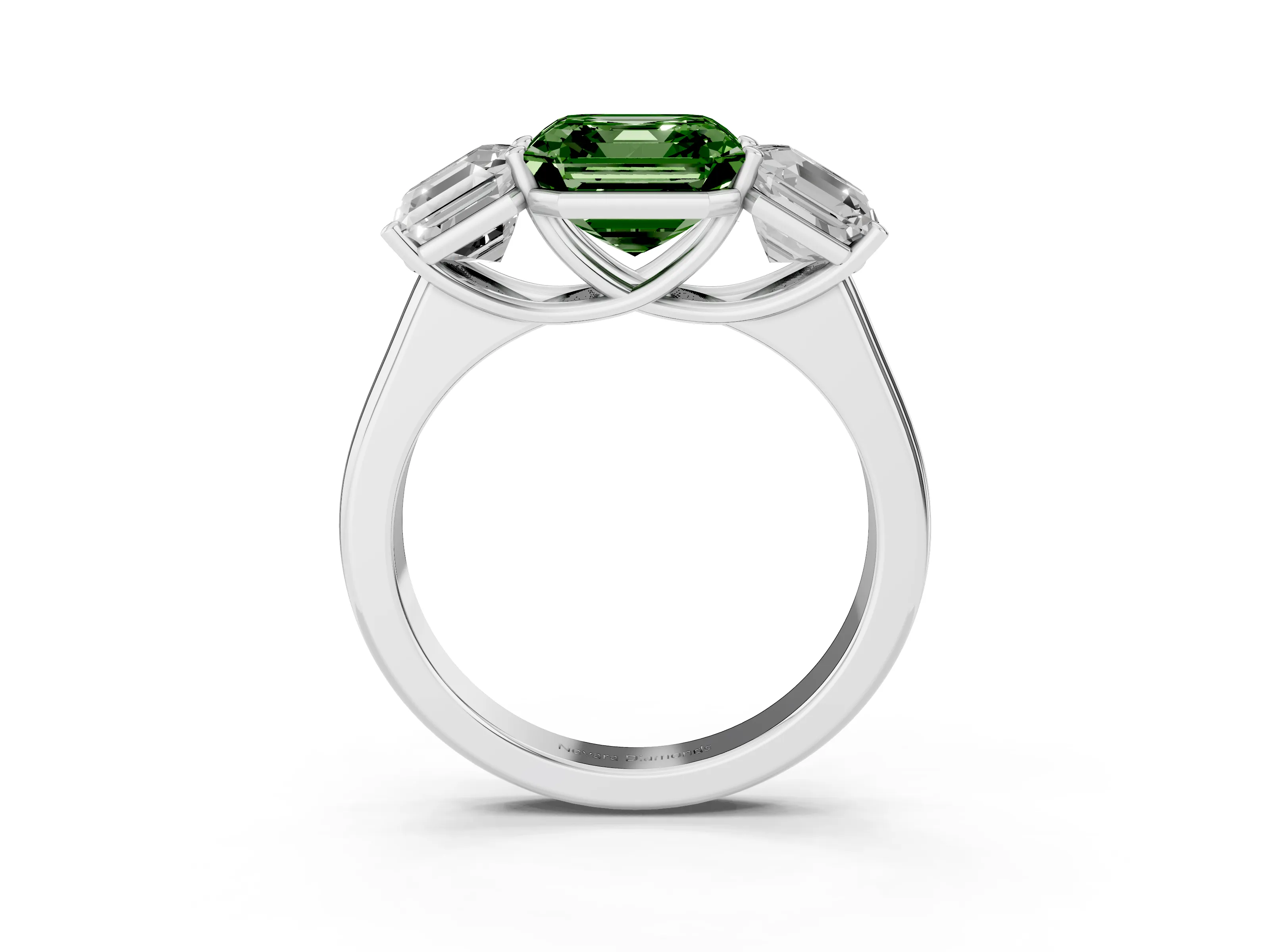 Fancy Green Asscher Cut Diamond Three-Stone Ring Set in White gold with Plain Polished Band