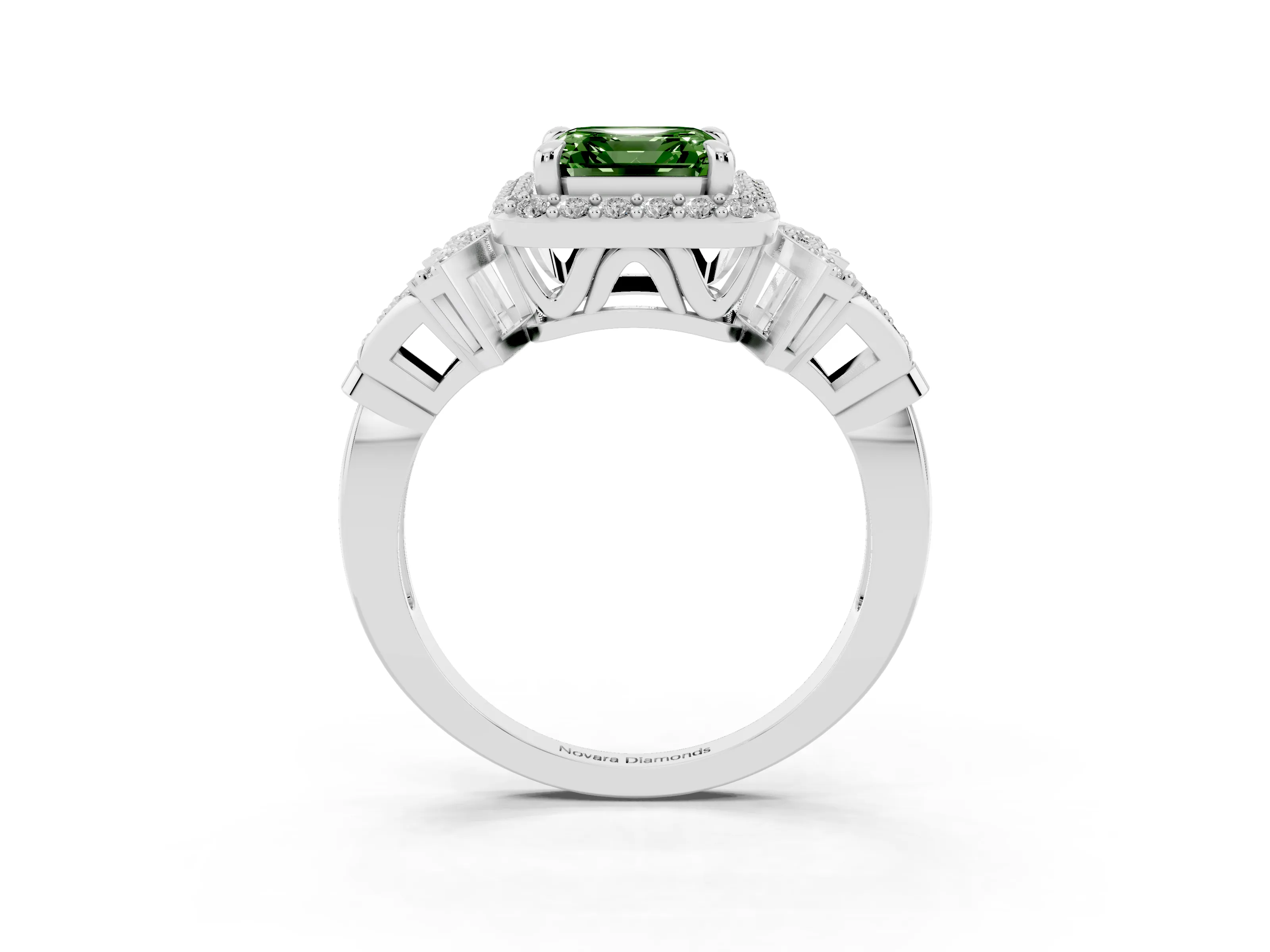 Fancy Green Asscher Cut Diamond Halo Engagement Ring Set in White gold with Accent Stone Split Shank