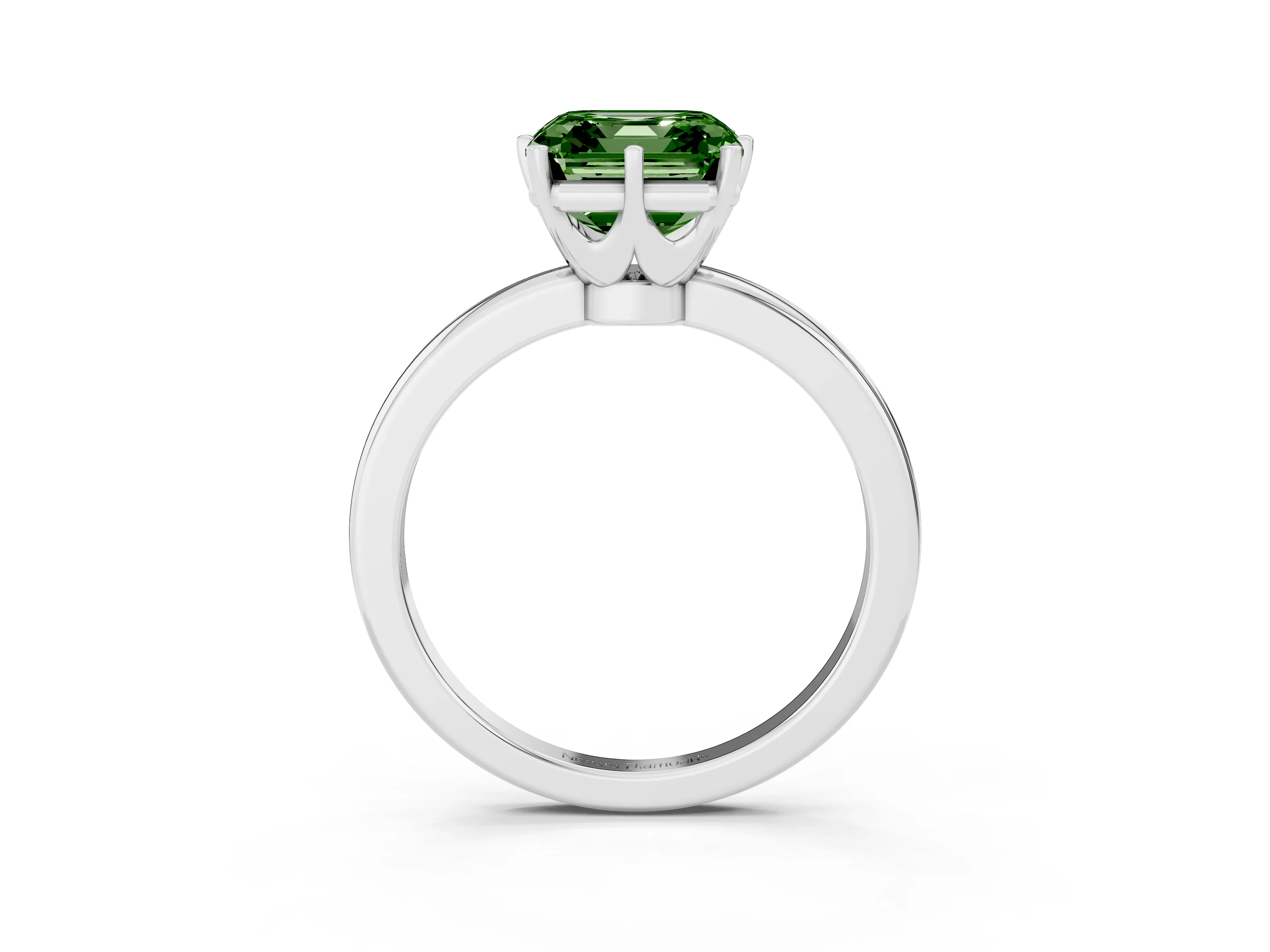 Fancy Green Asscher Cut Diamond Solitaire Ring Set in White gold with Raised Prong Setting on a Classic Band