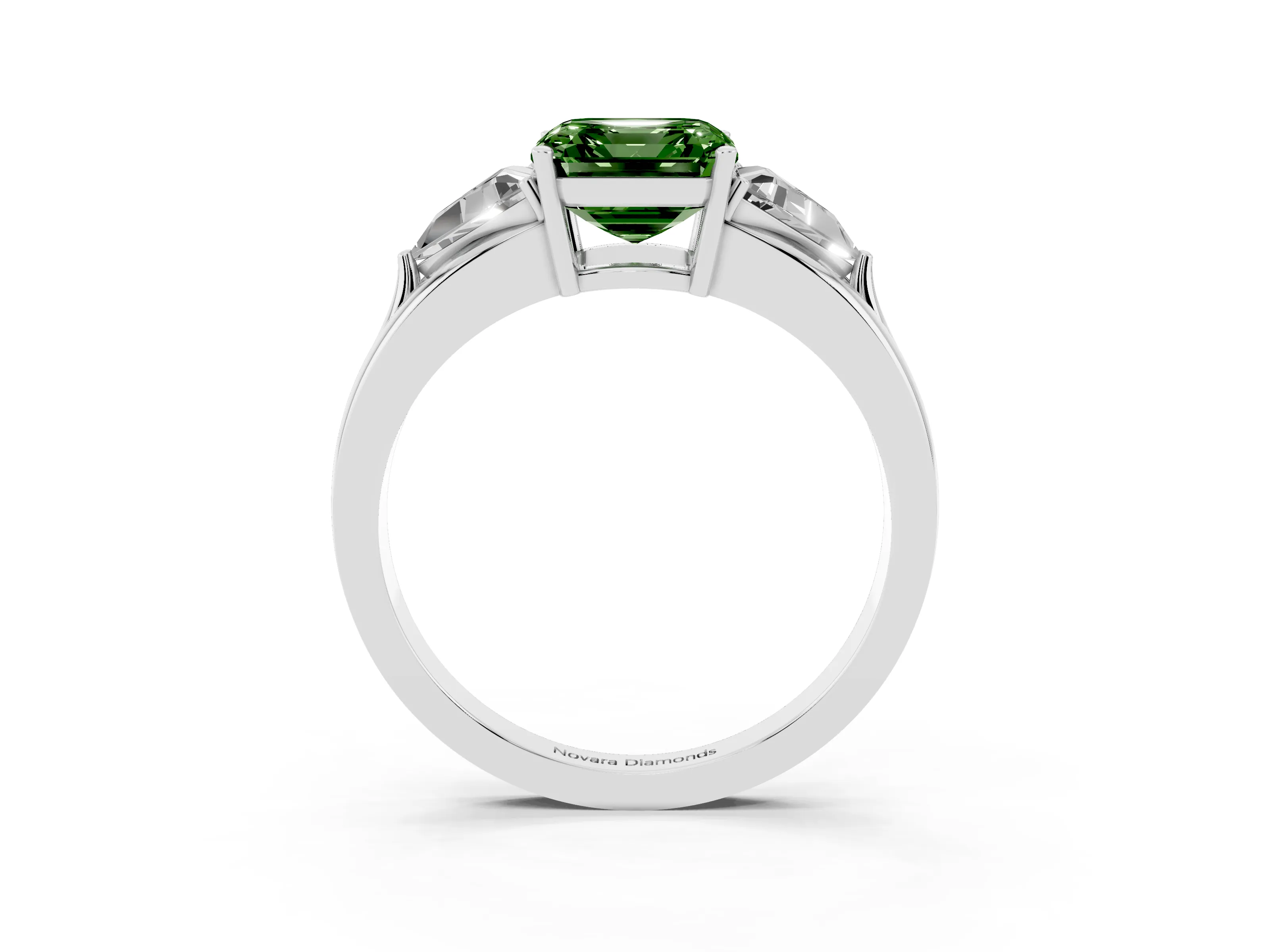 Fancy Green Asscher Cut Diamond Three-Stone Ring Set in White gold with Trillion Side Stones and Split Shank