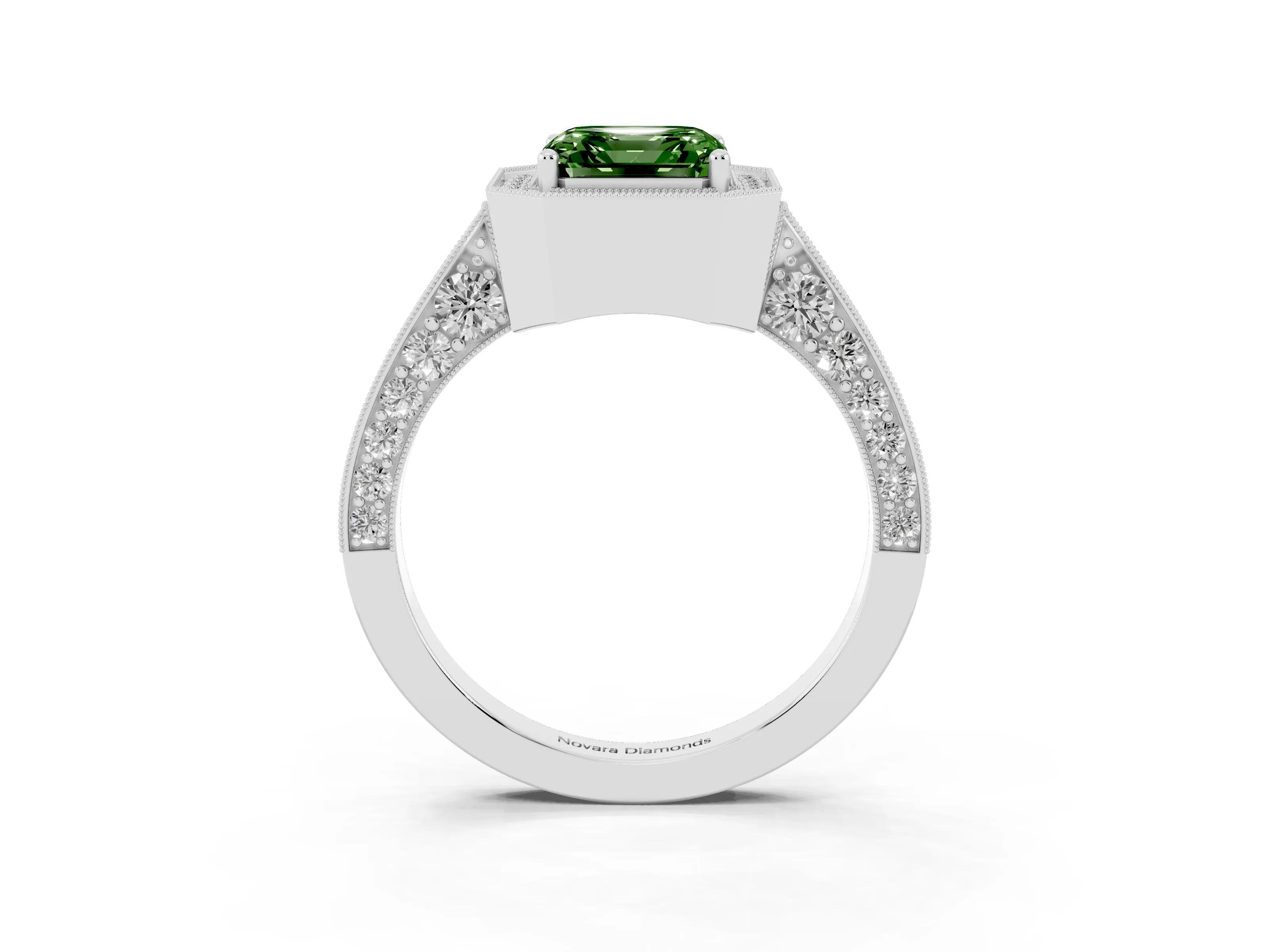 Fancy Green Asscher Cut Diamond Halo Engagement Ring Set in Silver with Accent Split Shank Band