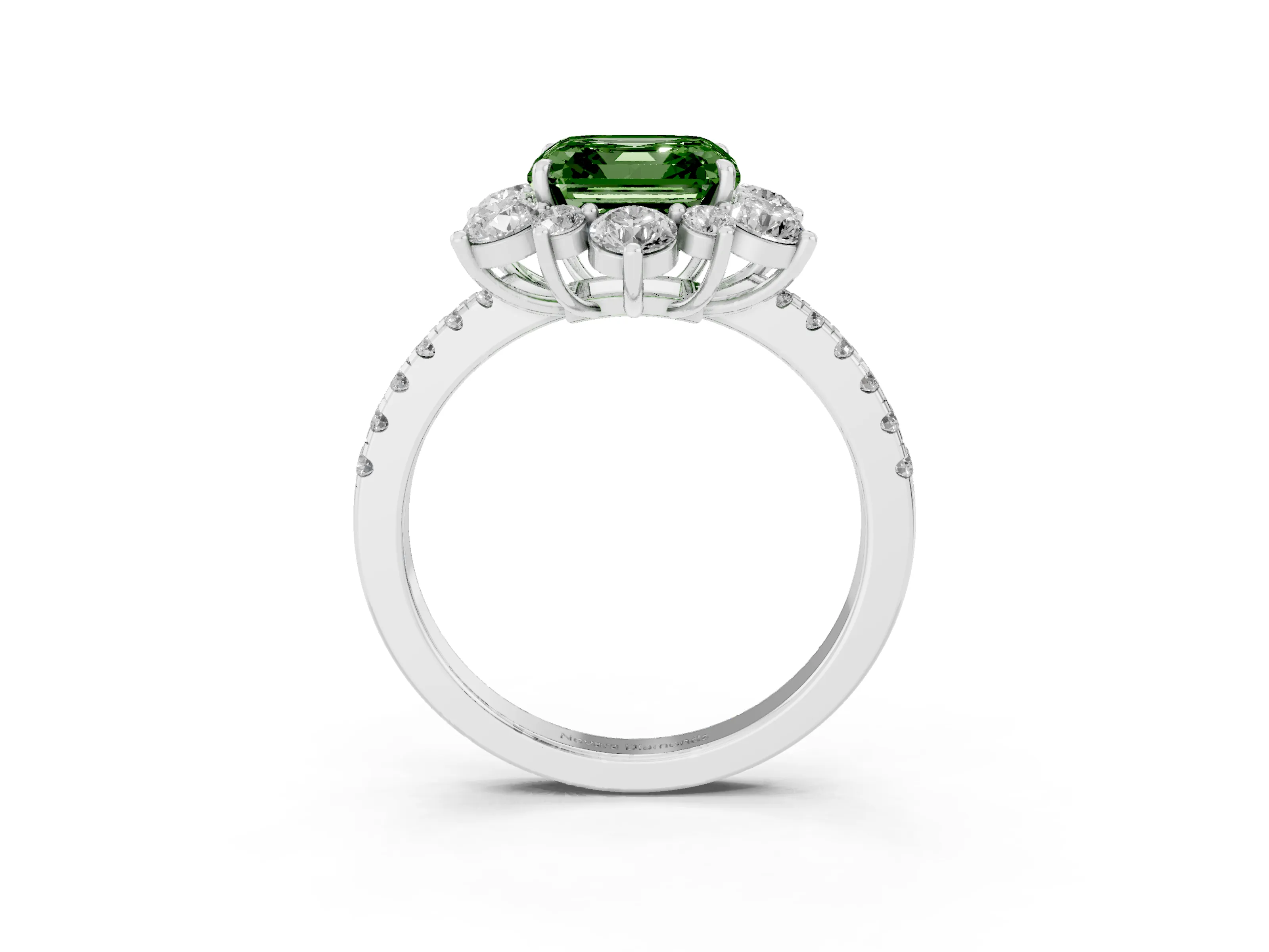 Fancy Green Asscher Cut Diamond Floral Halo Ring Set in Platinum with Round Pavé Band and Prong Setting