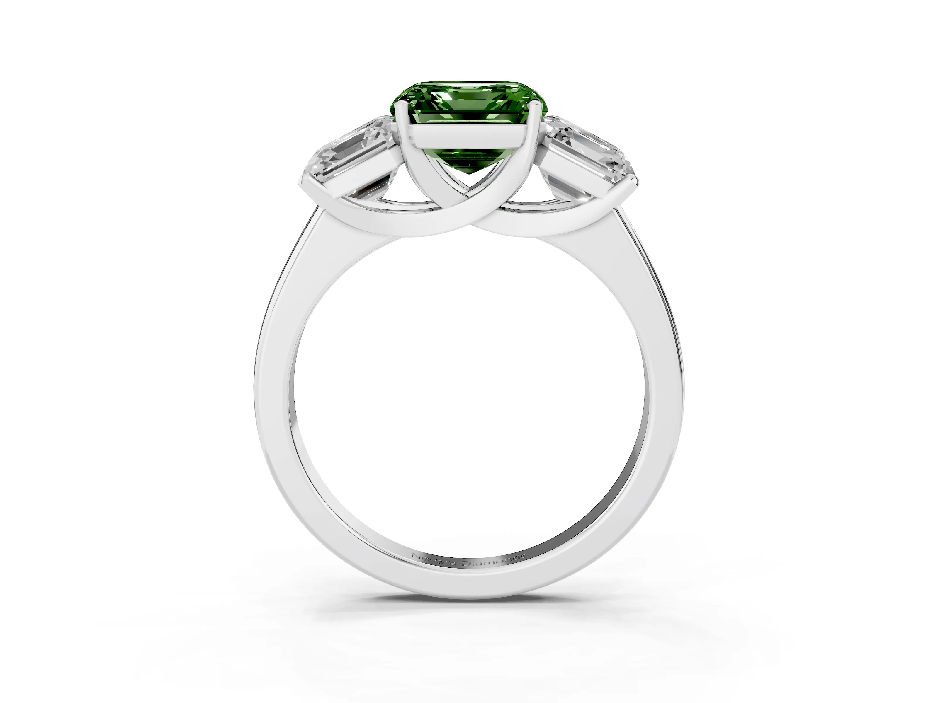 Fancy Green Asscher Cut Diamond Three-Stone Ring Set in Platinum with Classic Prong Setting and Plain Band