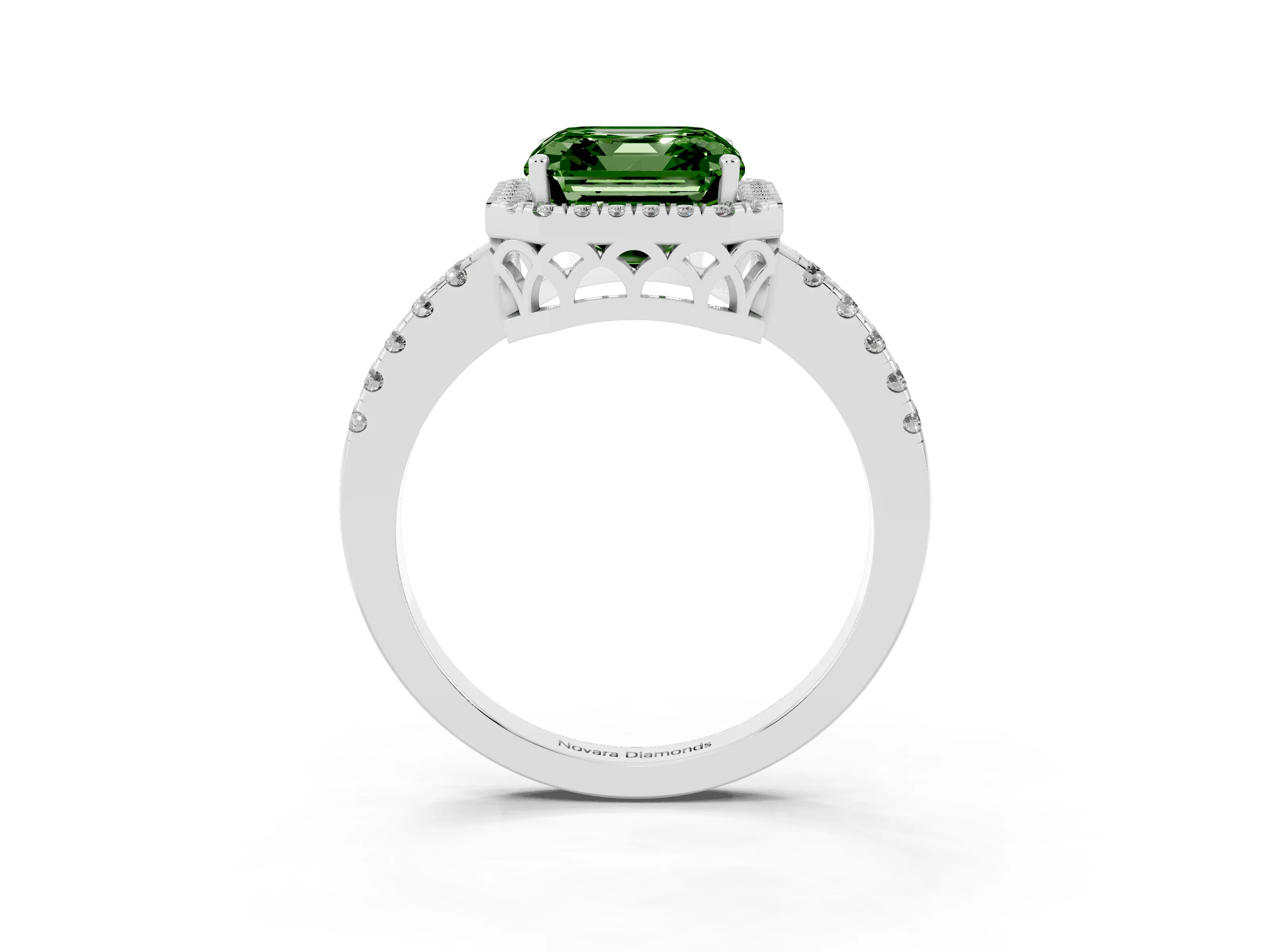 Fancy Green Asscher Cut Diamond Pavé Band Halo Engagement Ring Set in Silver with Prong Setting