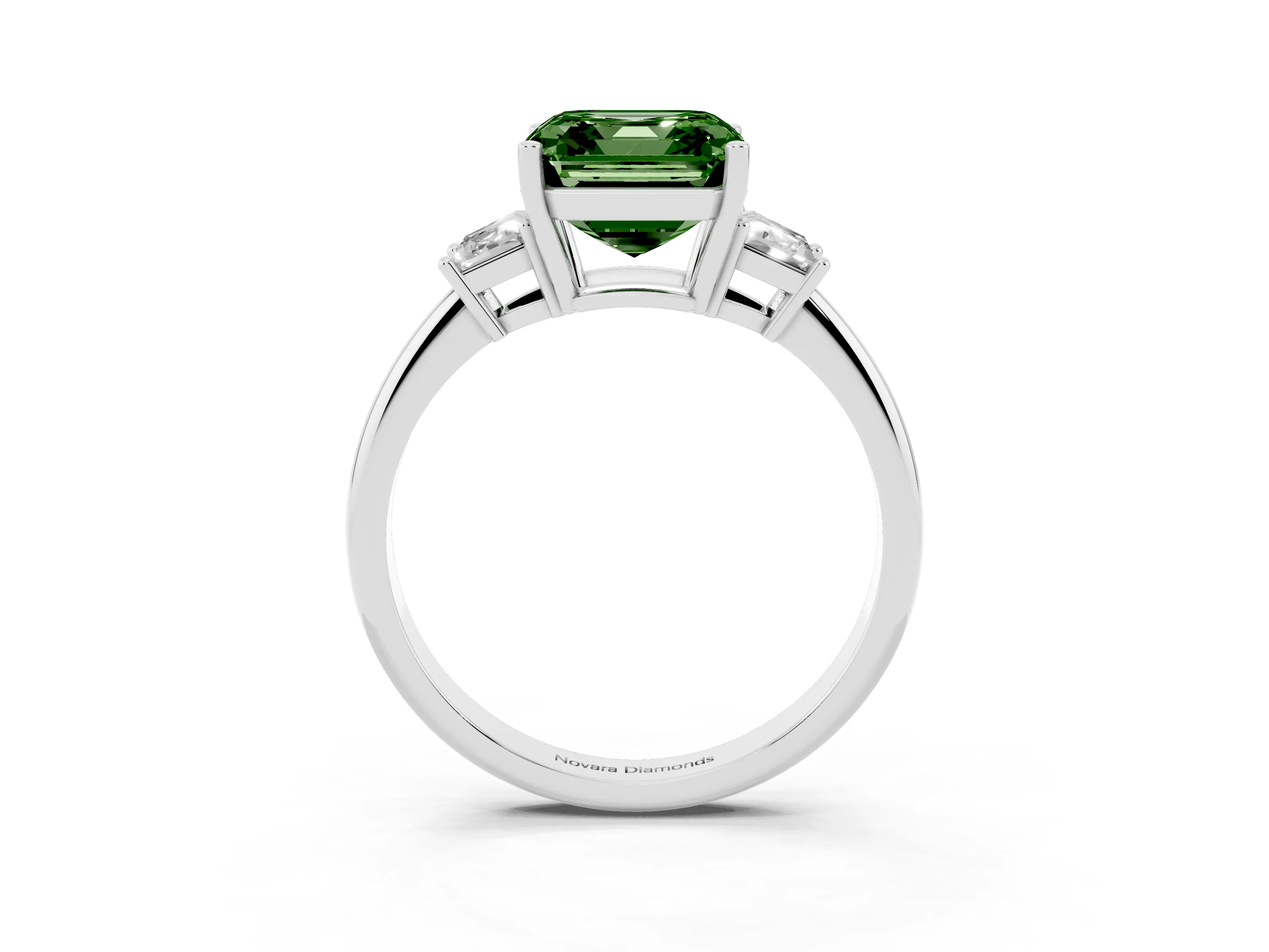 Fancy Green Asscher Cut Diamond Three-Stone Ring Set in Silver with Trapezoid Side Stones and Prong Setting
