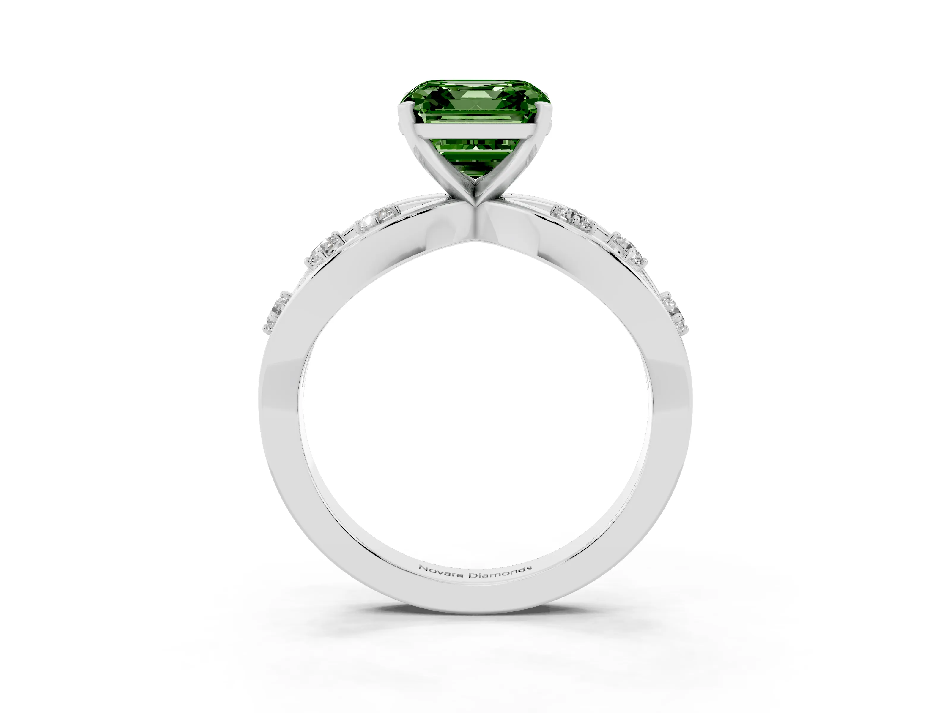 Fancy Green Asscher Cut Diamond Solitaire Ring Set in Silver with Side Stones on Criss-Cross Band and Prong Setting
