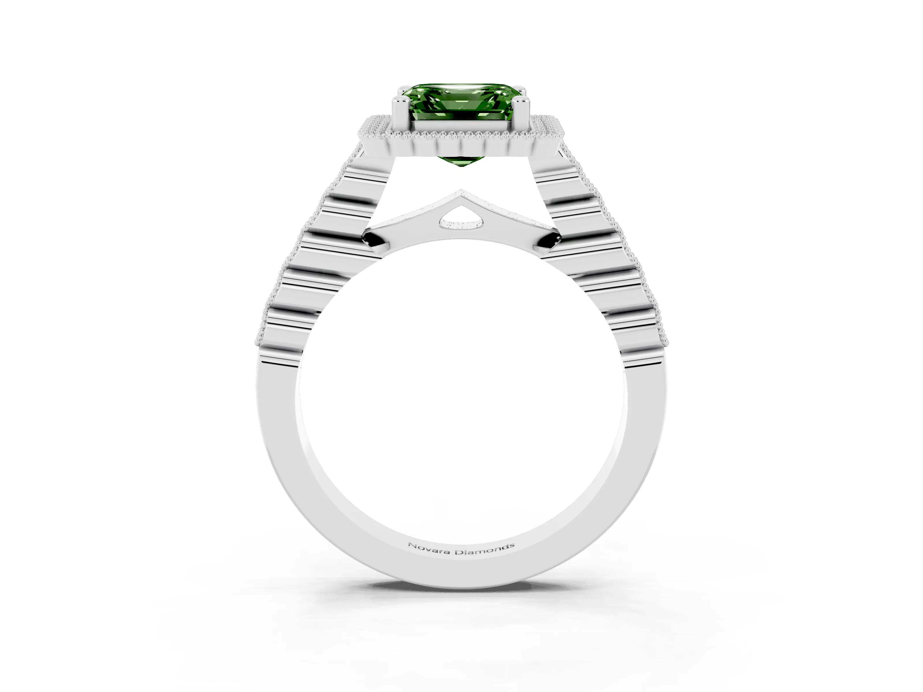 Fancy Green Asscher Cut Diamond Halo Ring Set in Platinum with Pavé Milgrain Band