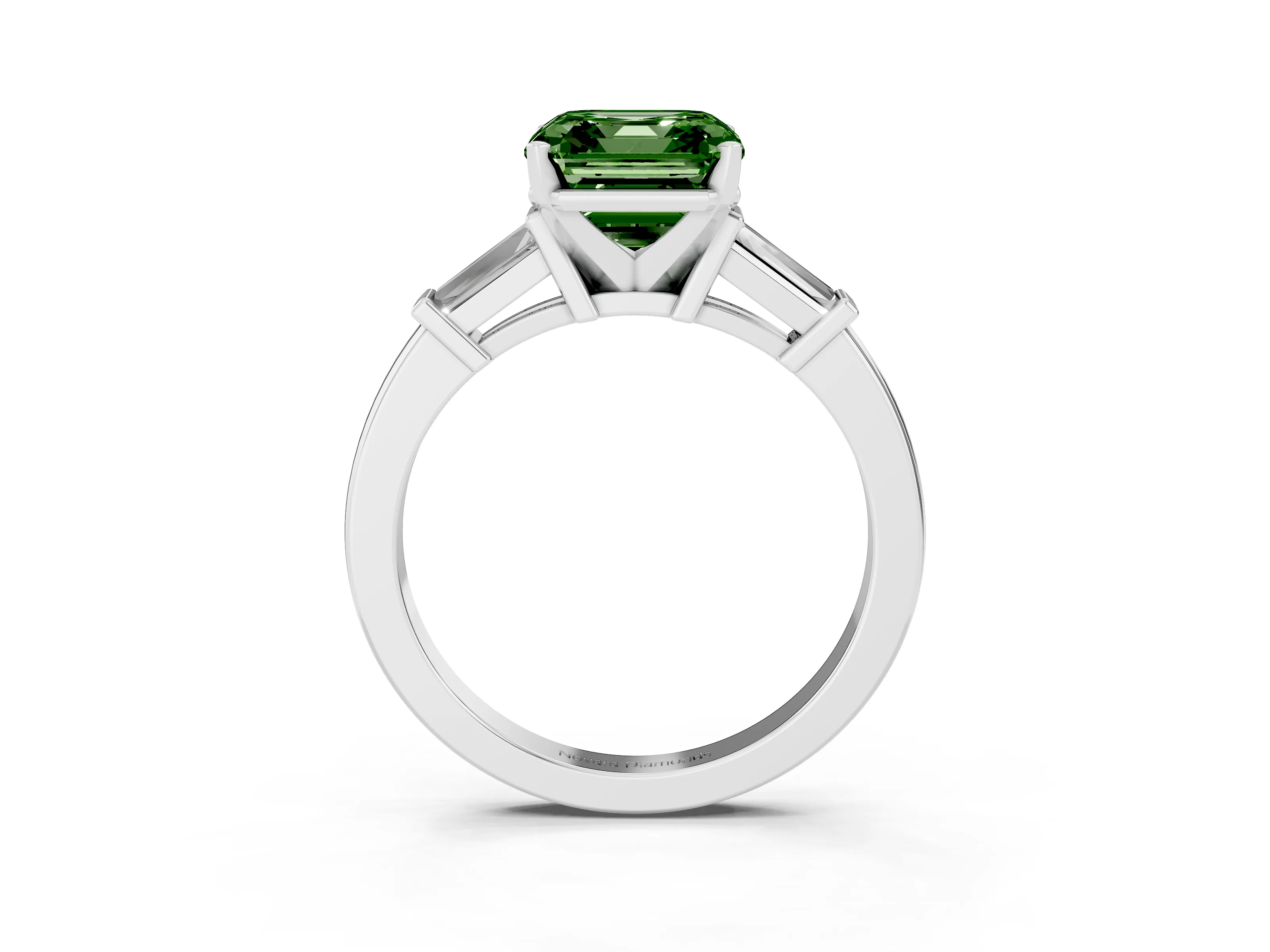 Fancy Green Asscher Cut Diamond Solitaire Ring Set in White gold with Tapered Baguette Accents and Prong Setting