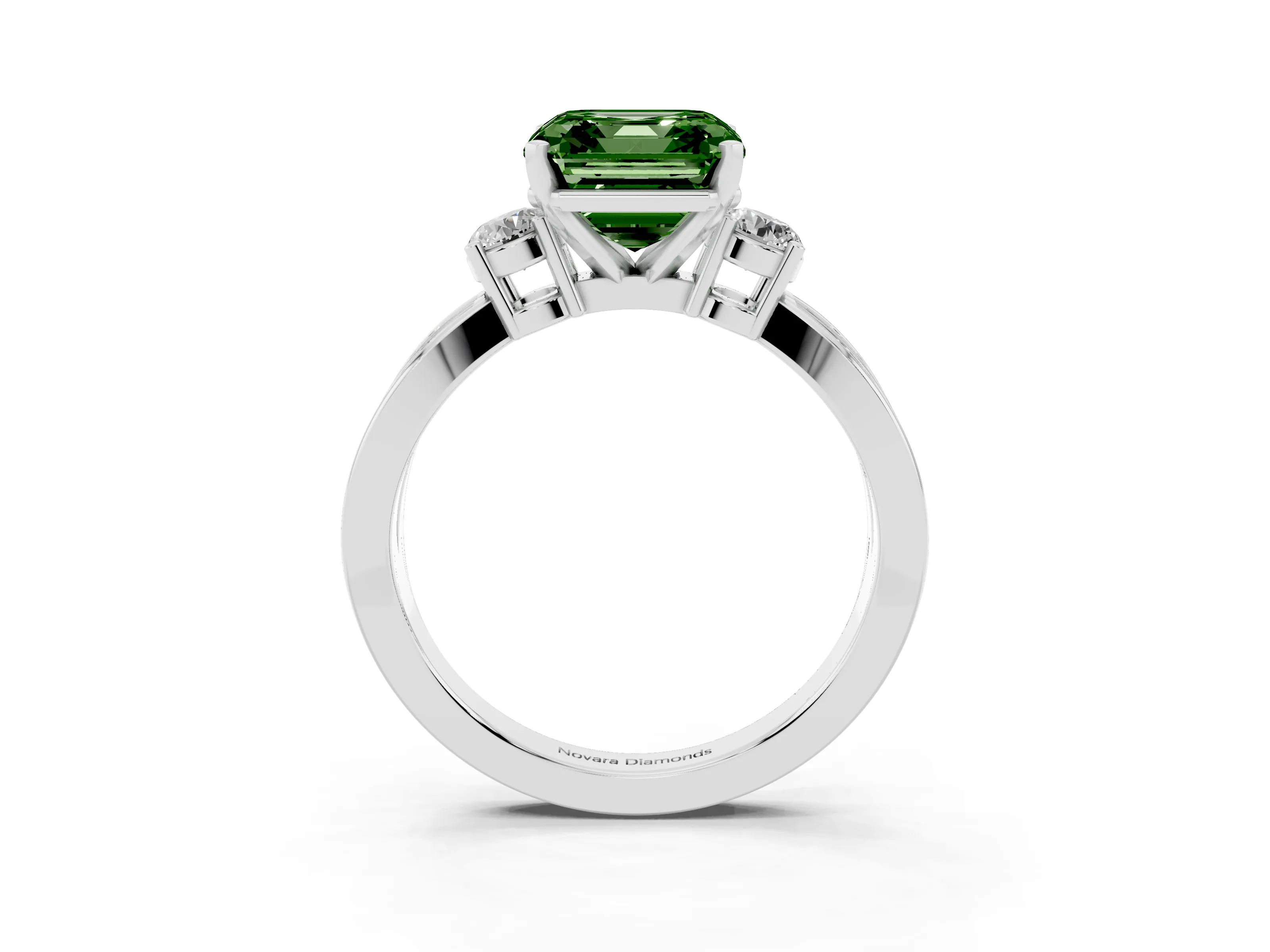 Fancy Green Three-Stone Asscher Cut Diamond Twist Band Ring Set in White gold with Pavé Accents and Prong Setting