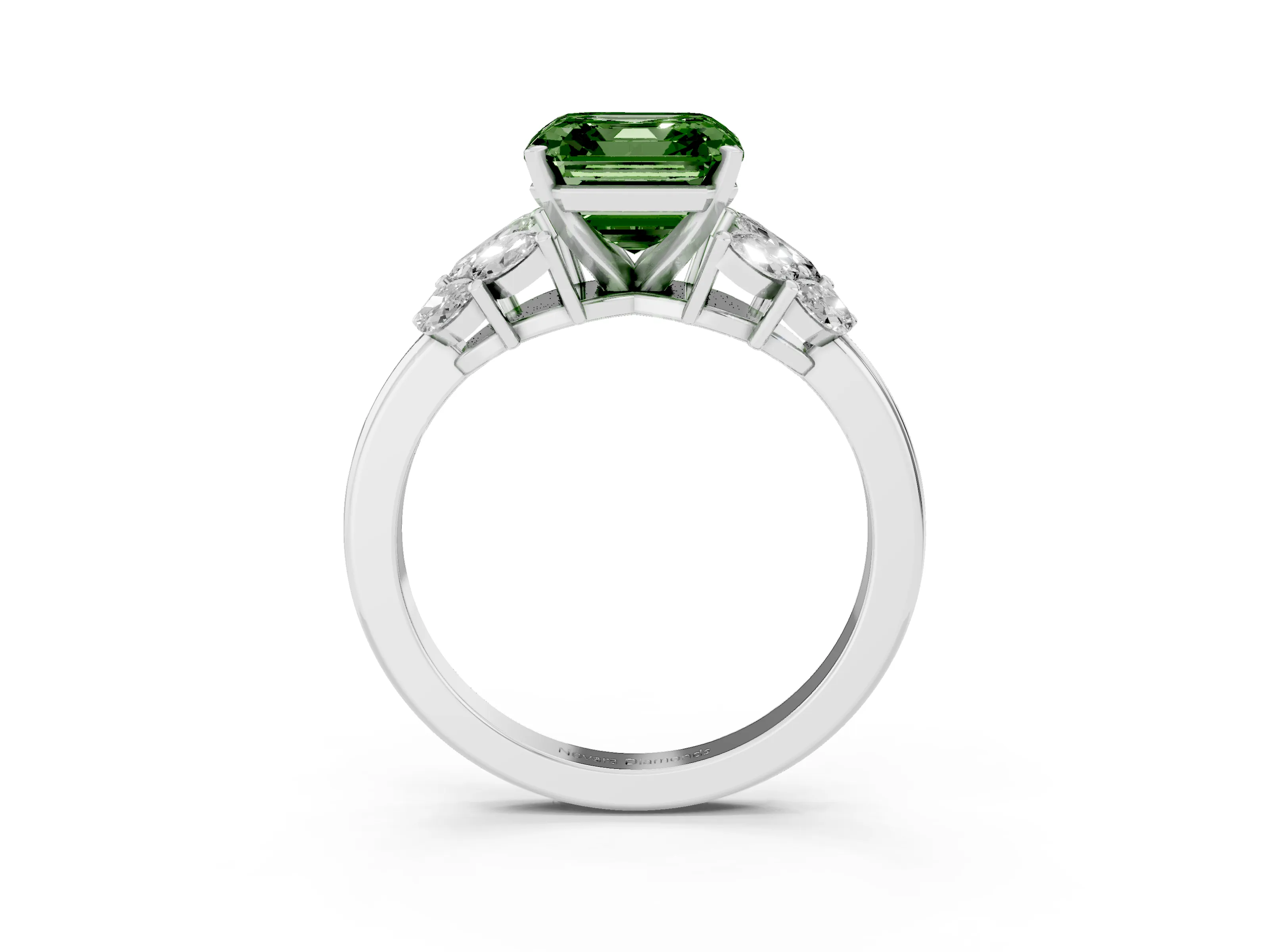 Fancy Green Asscher Cut Diamond Cluster Leaf Design Ring Set in White gold with Prong Setting