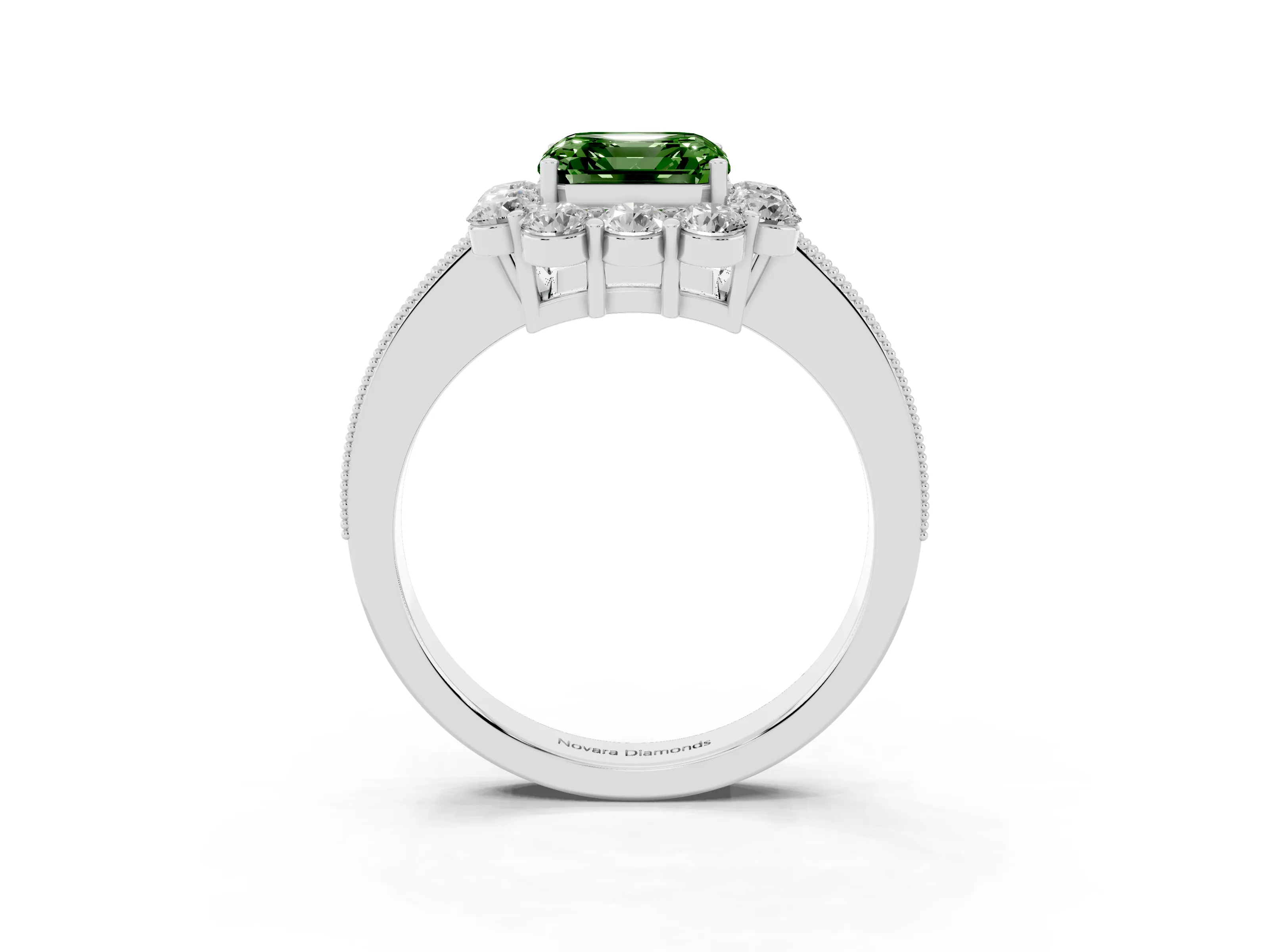 Fancy Green Asscher Cut Diamond Halo Pavé Engagement Ring Set in White gold with Milgrain Detailing