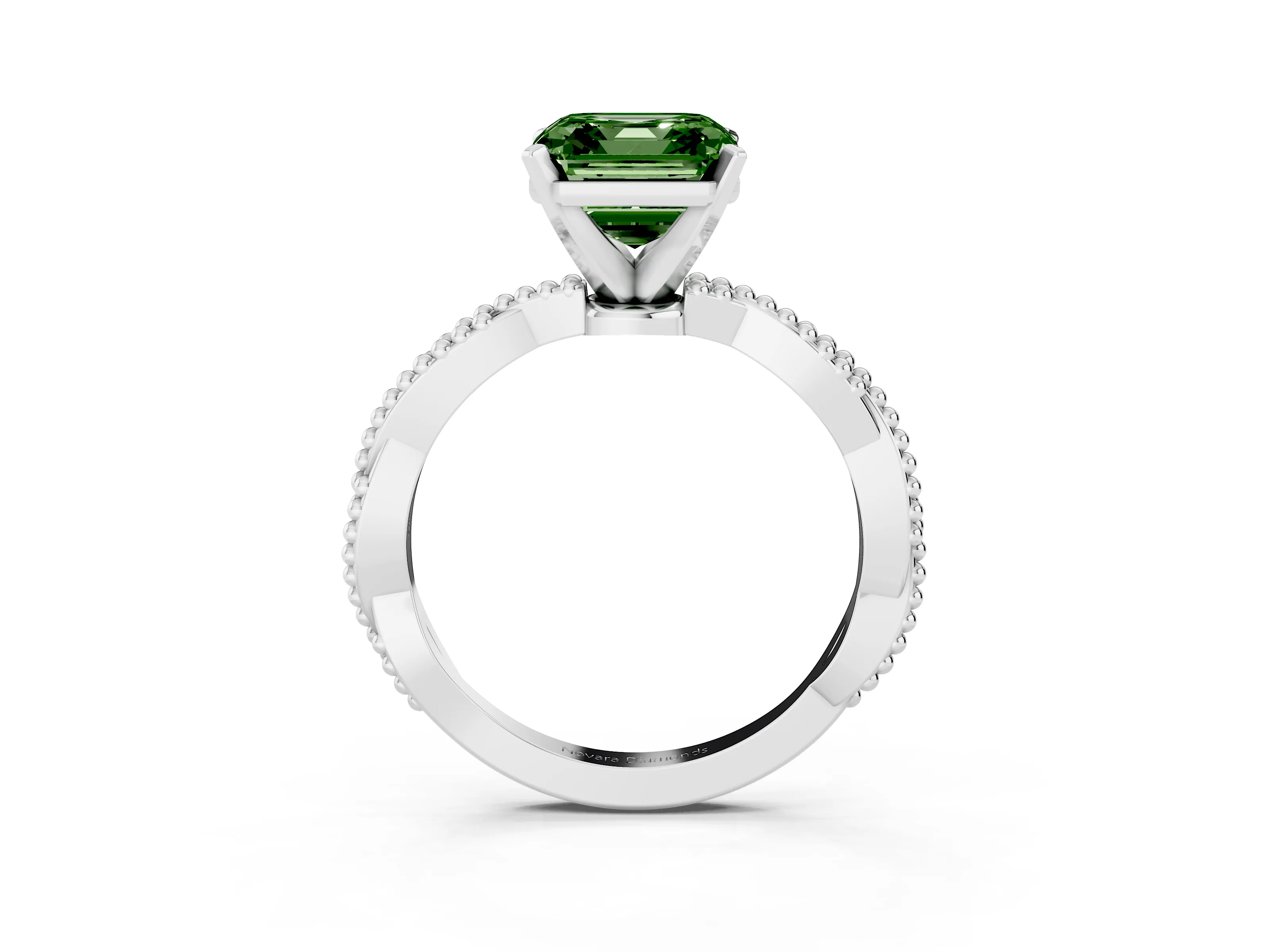 Fancy Green Asscher Cut Diamond Solitaire Ring Set in Platinum with Twisted Band and Bead Prong Setting