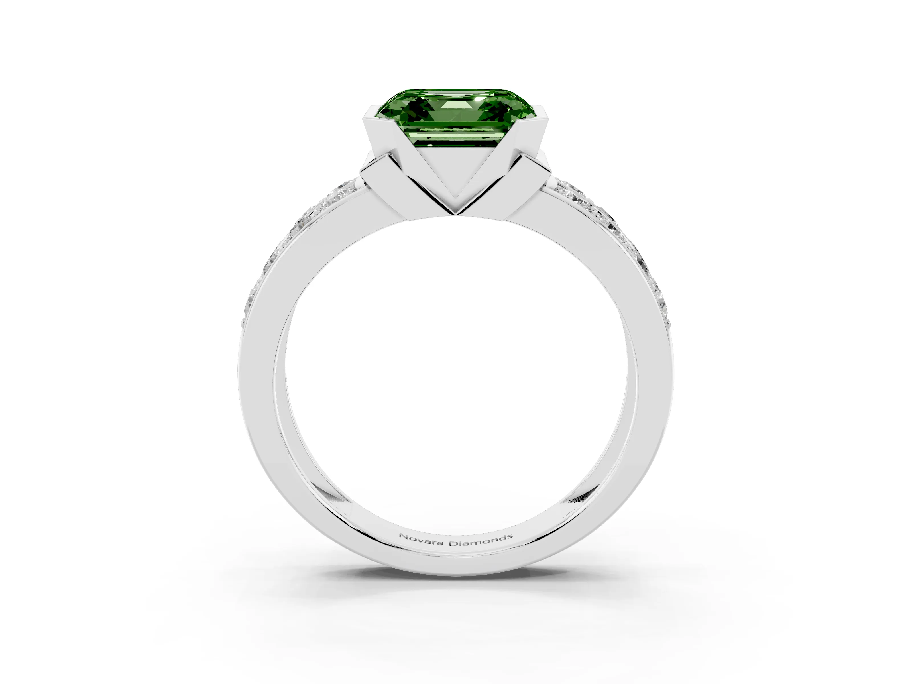 Fancy Green Asscher Cut Diamond Wide Channel Set Band Ring Set in Platinum with Bezel Setting