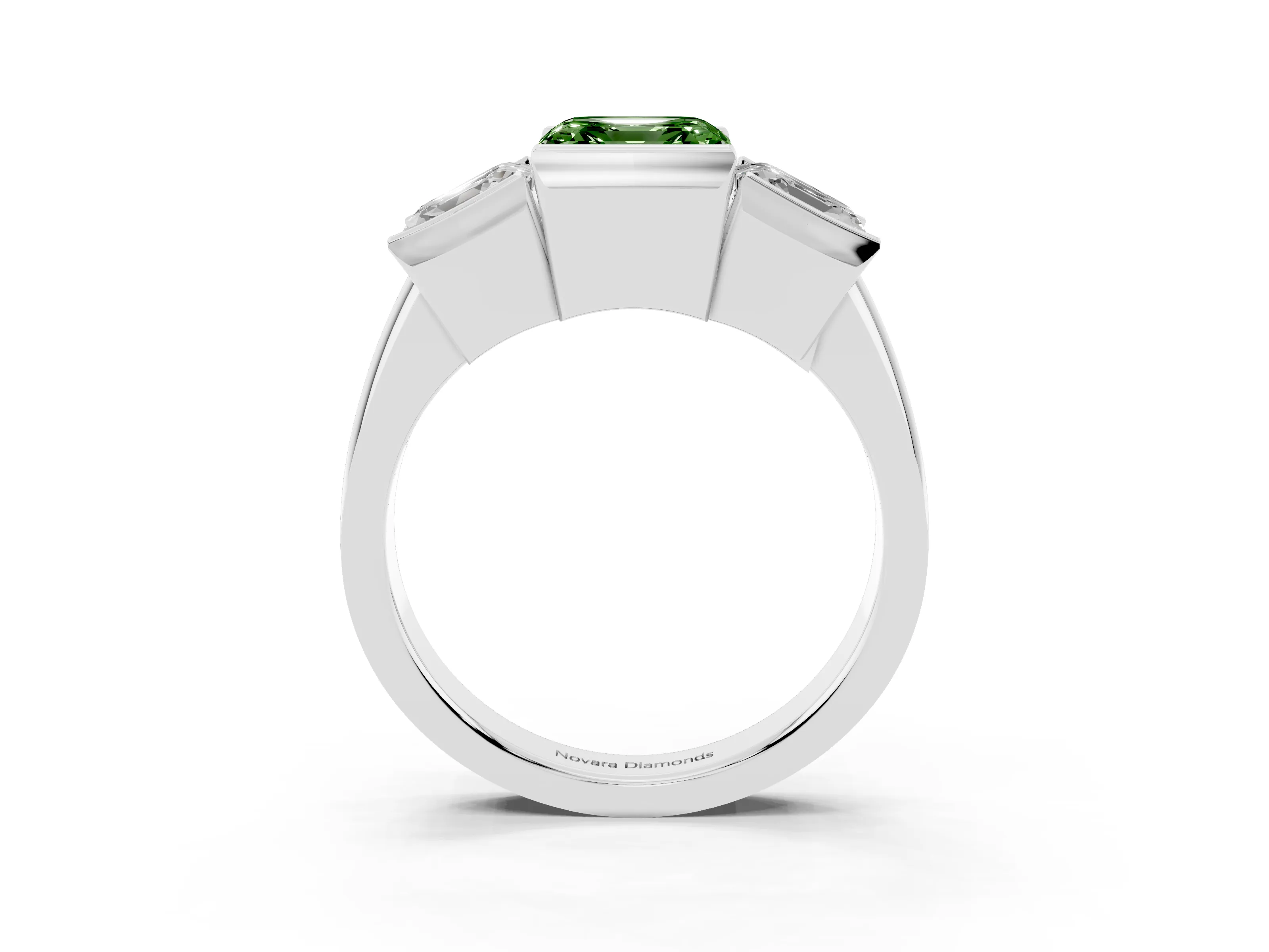 Fancy Green Asscher Cut Diamond Three-Stone Channel Set Ring Set in White gold with Smooth Polished Band