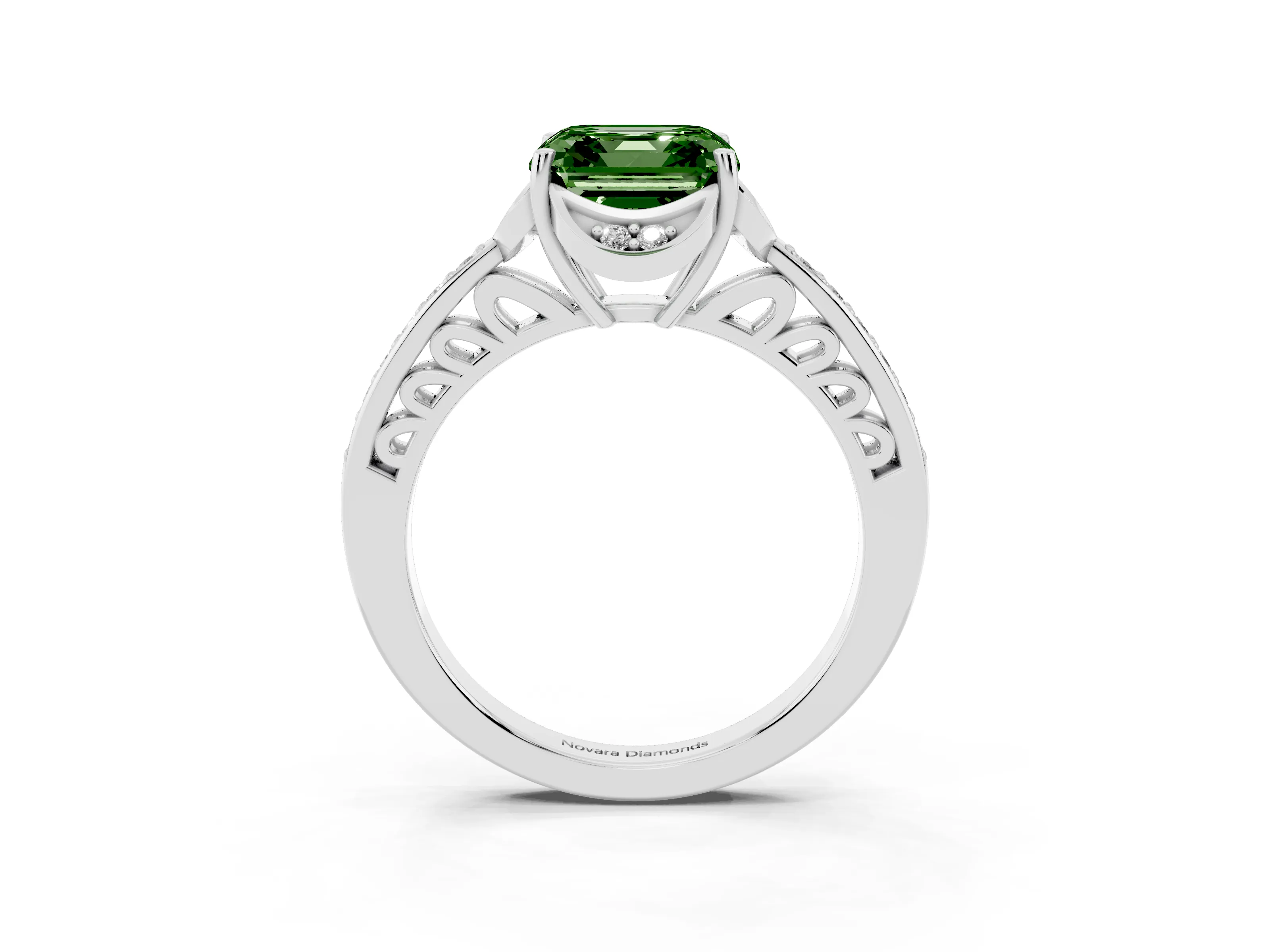 Fancy Green Asscher Cut Diamond Halo Ring Set in Platinum with Channel Set Band and Prong Setting