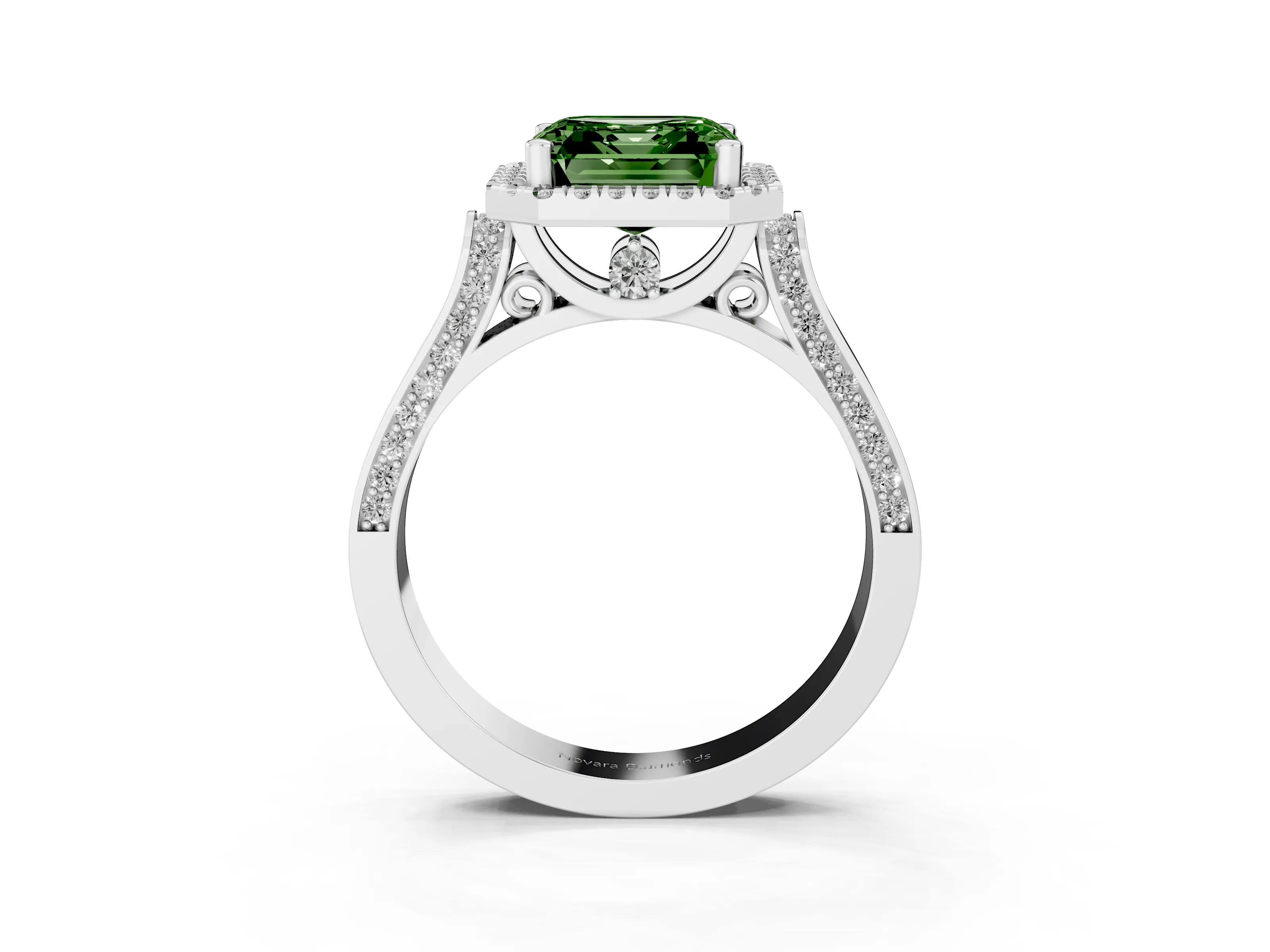 Fancy Green Asscher Cut Diamond Halo Ring Set in Platinum with Pavé-Lined Split Shank Band