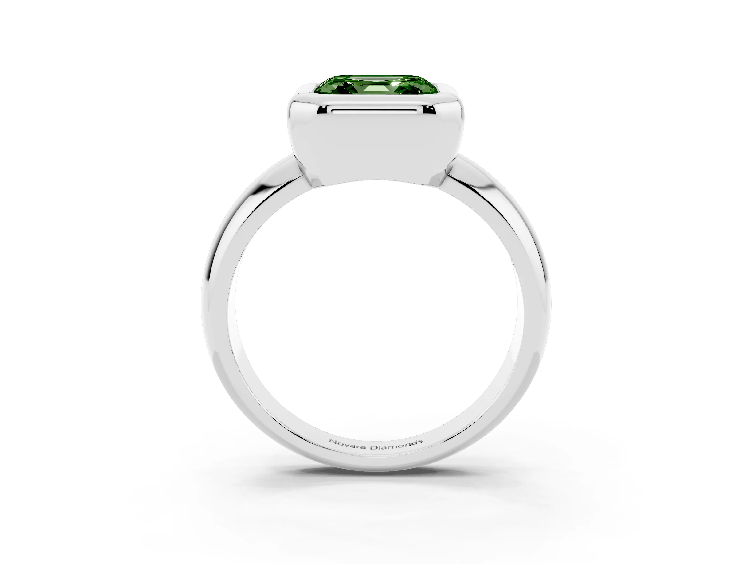 Fancy Green Bezel Set Asscher Cut Diamond Solitaire Ring Set in Silver with Wide Band