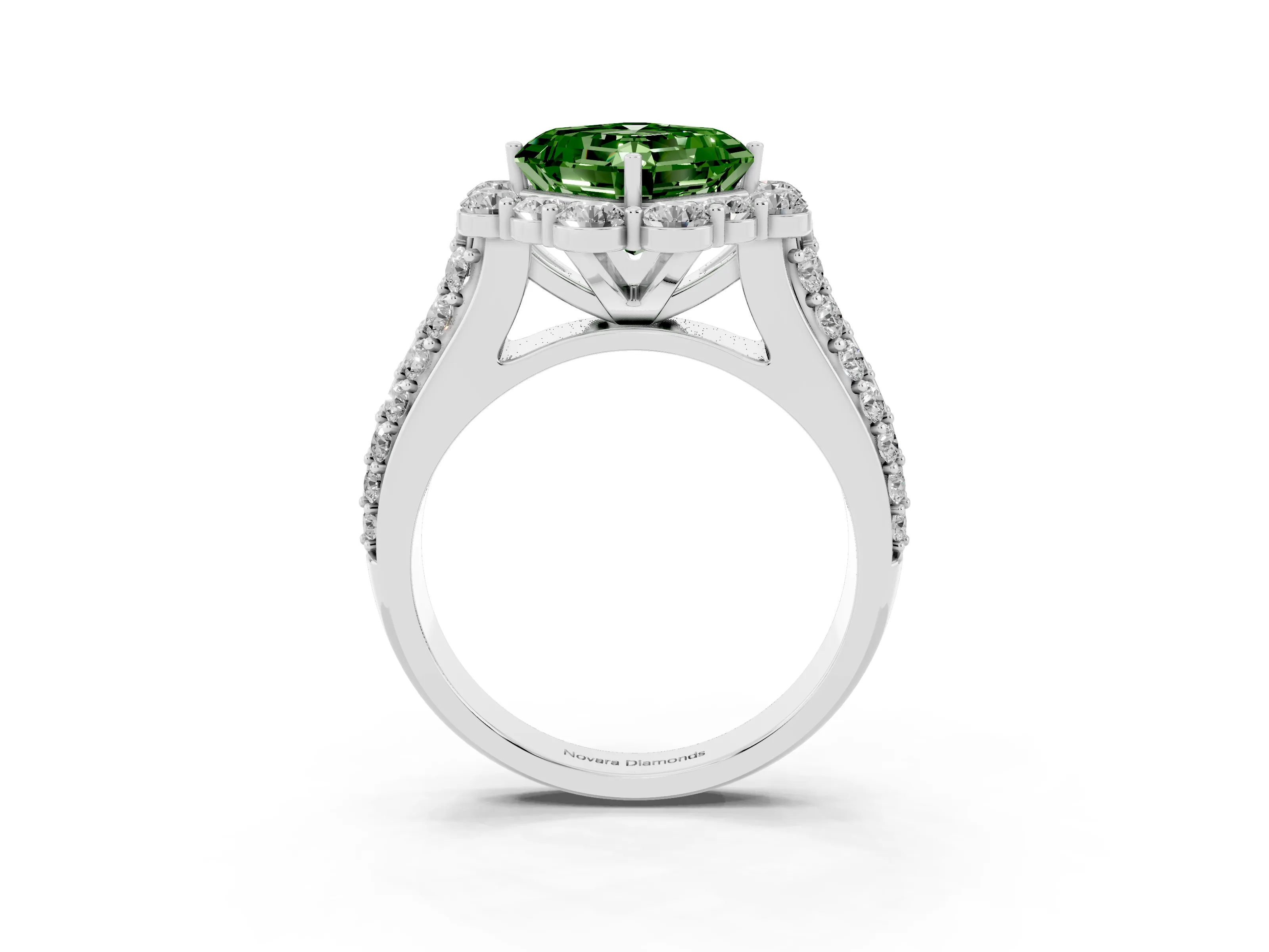 Fancy Green Asscher Cut Diamond Halo Engagement Ring Set in Silver with Split Shank and Prong Setting