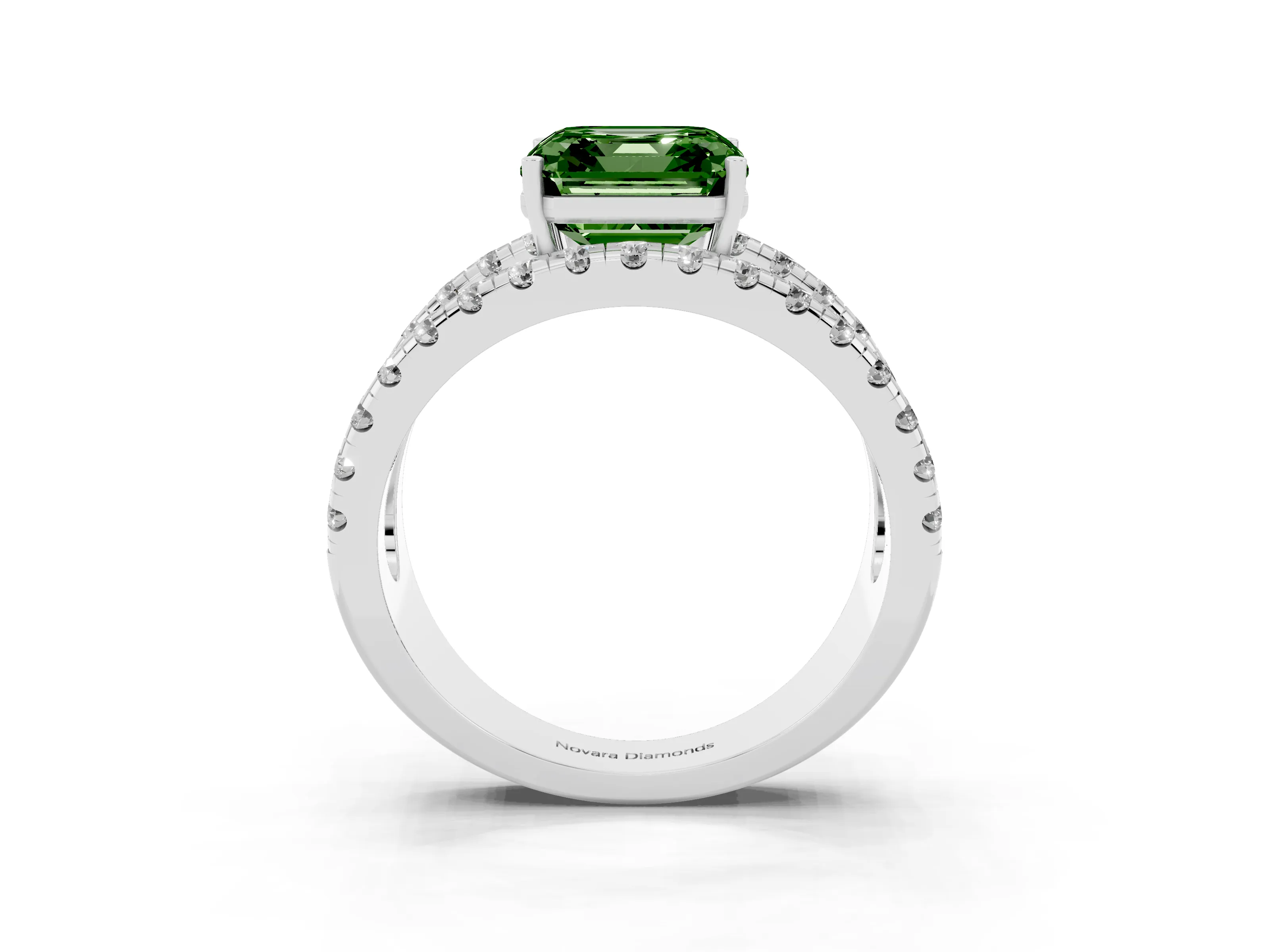 Fancy Green Asscher Cut Diamond Split Shank Pavé Solitaire Ring Set in Platinum with Open Shank Design
