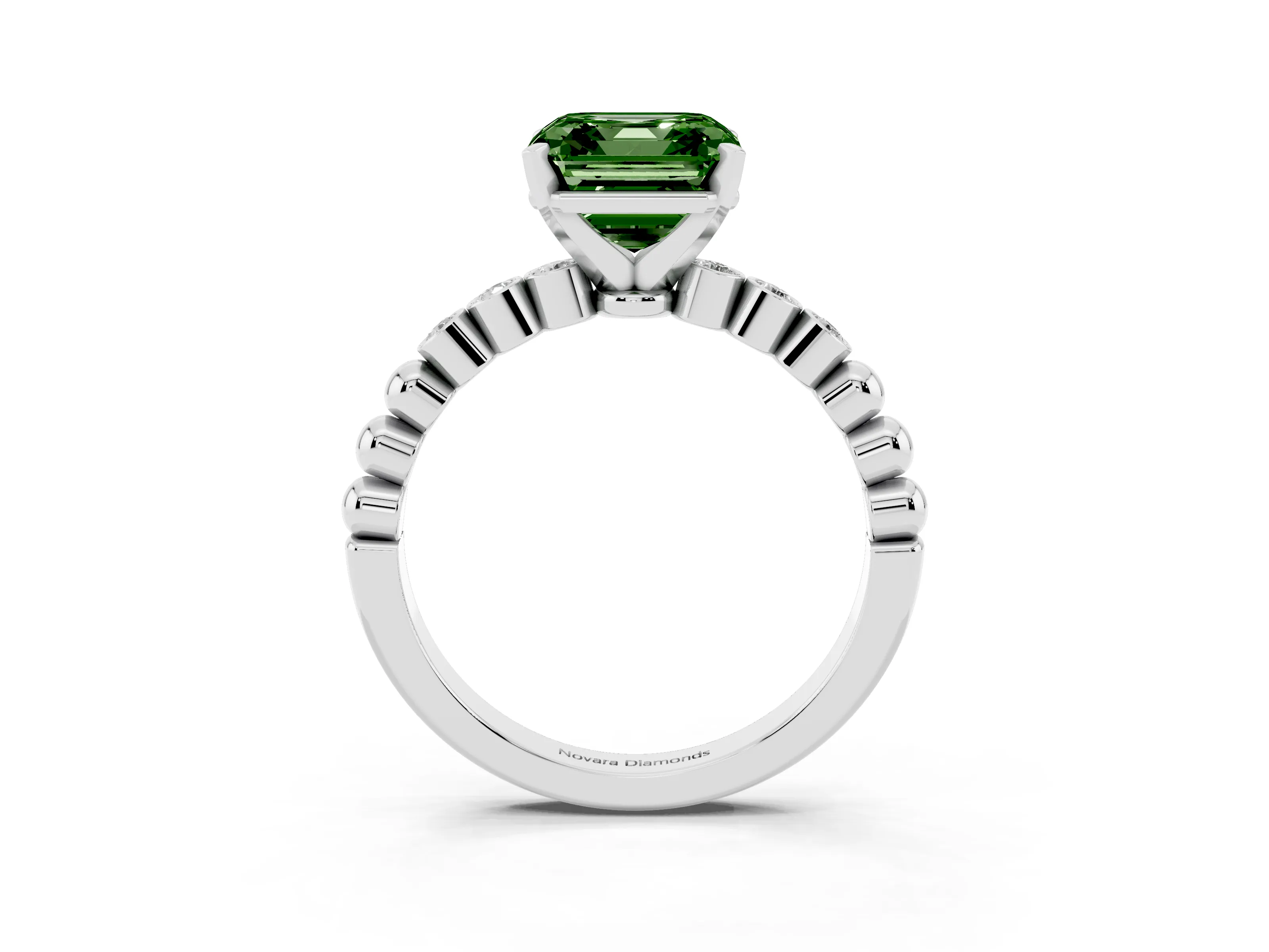 Fancy Green Asscher Cut Diamond Solitaire Engagement Ring Set in White gold with Bezel Accents on Beaded Band