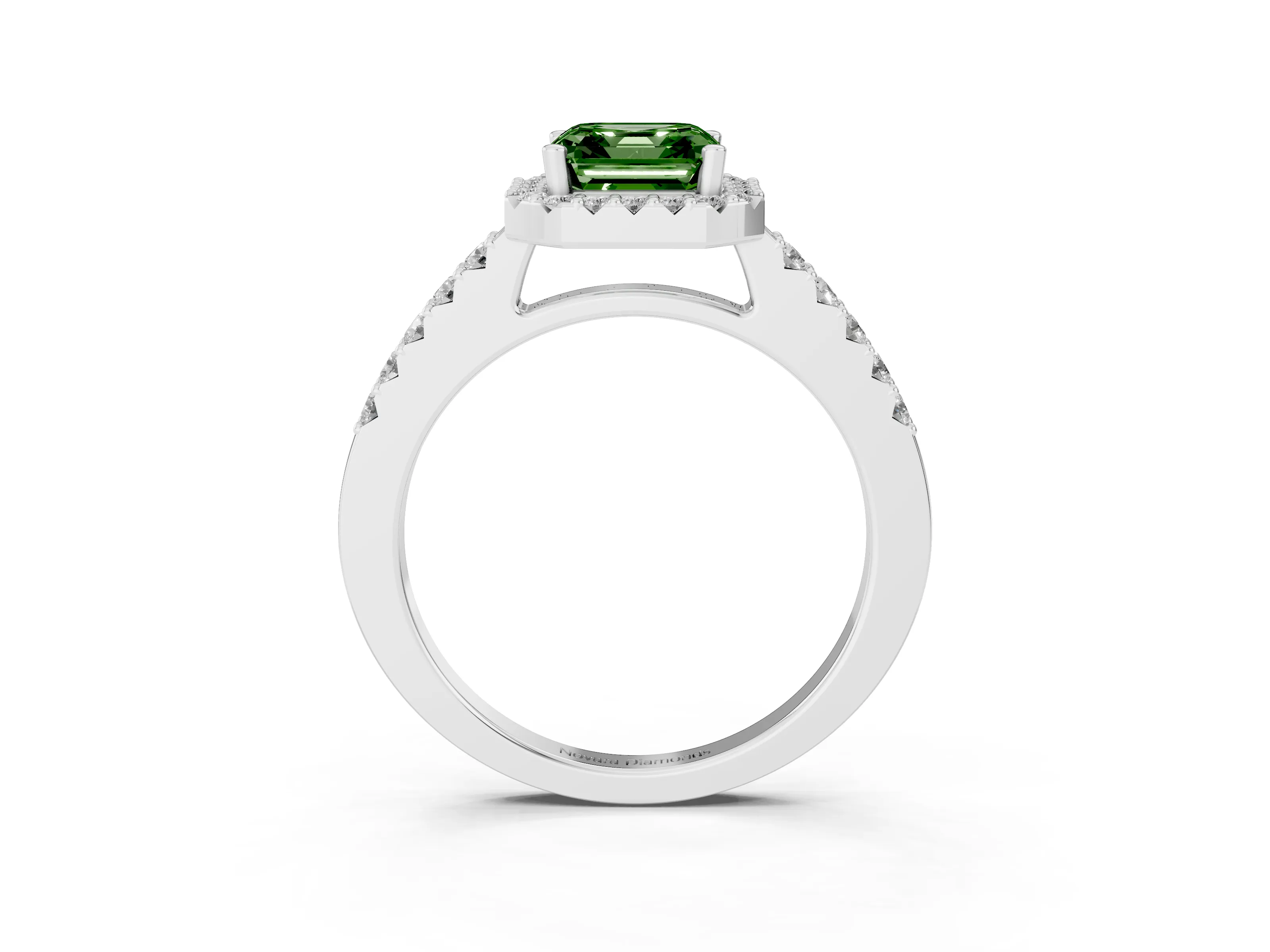 Fancy Green Asscher Cut Diamond Halo Pavé Solitaire Ring Set in White gold with Prong-Set Center Stone