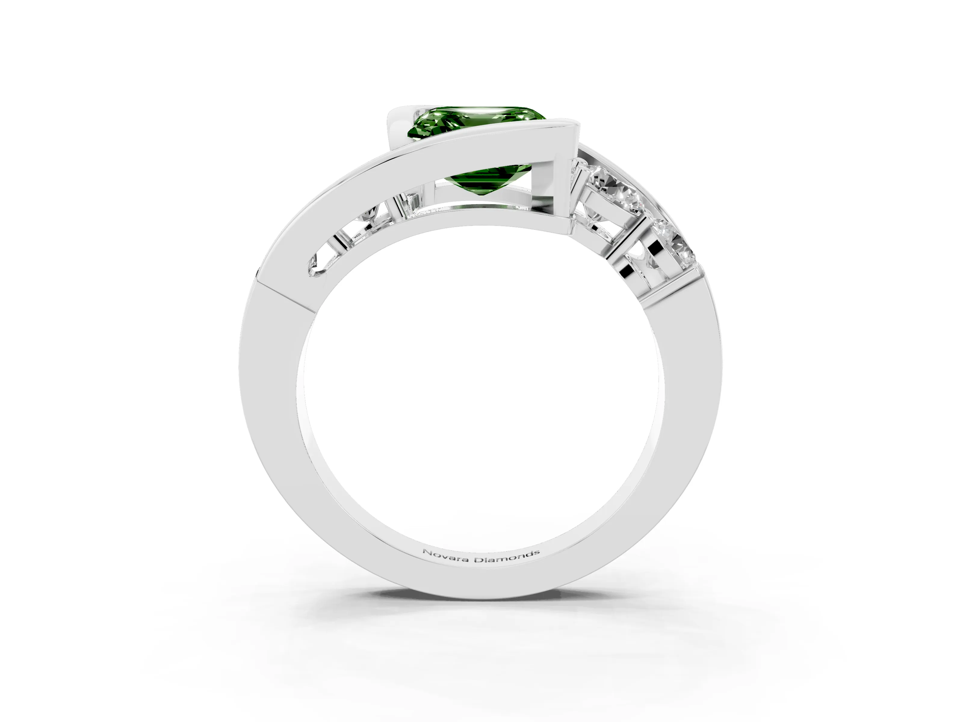 Fancy Green Asscher Cut Diamond Bezel Bypass Ring Set in Silver with Round Accents