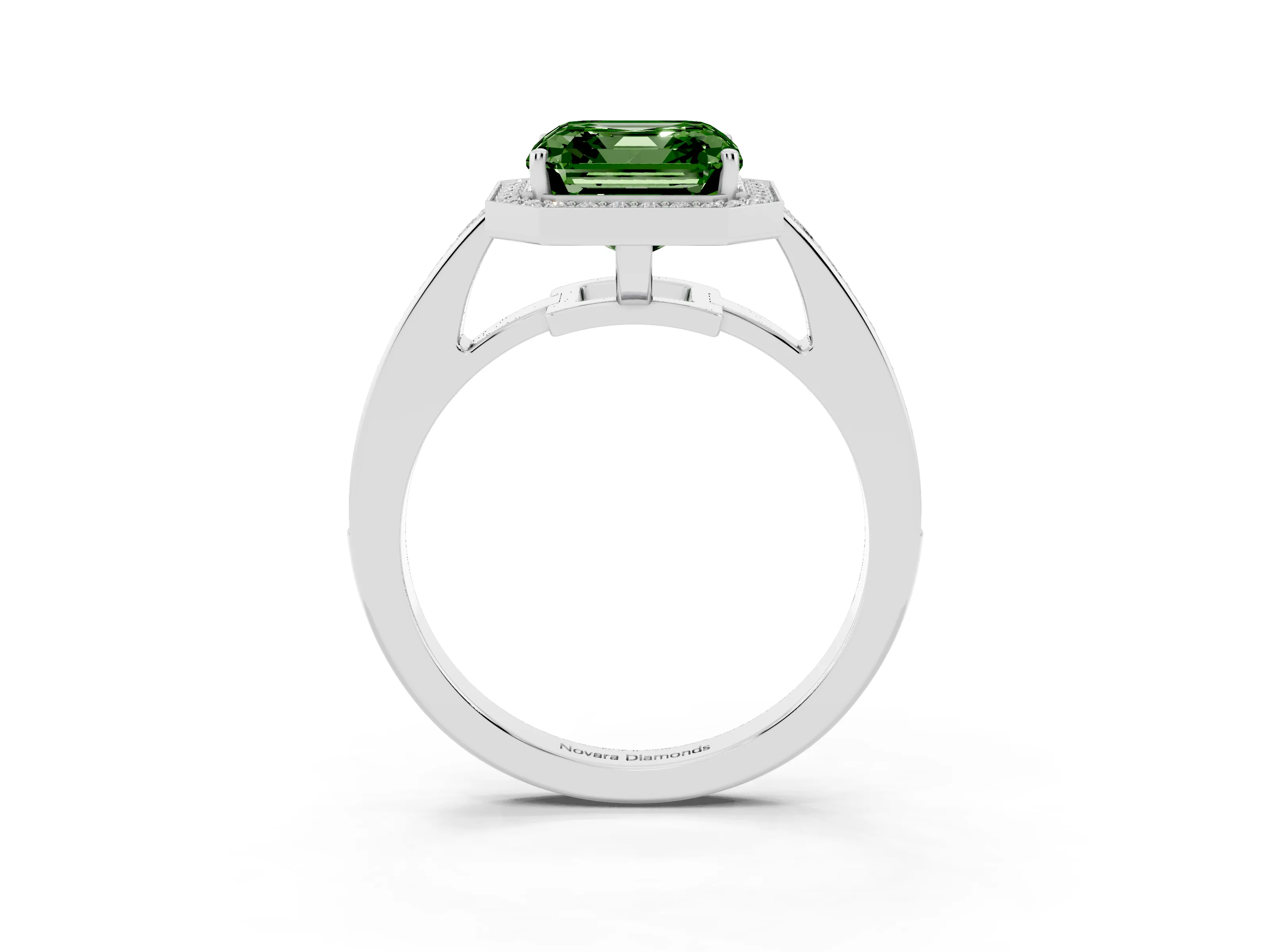 Fancy Green Asscher Cut Diamond Halo Pavé Engagement Ring Set in Platinum with Bezel Setting