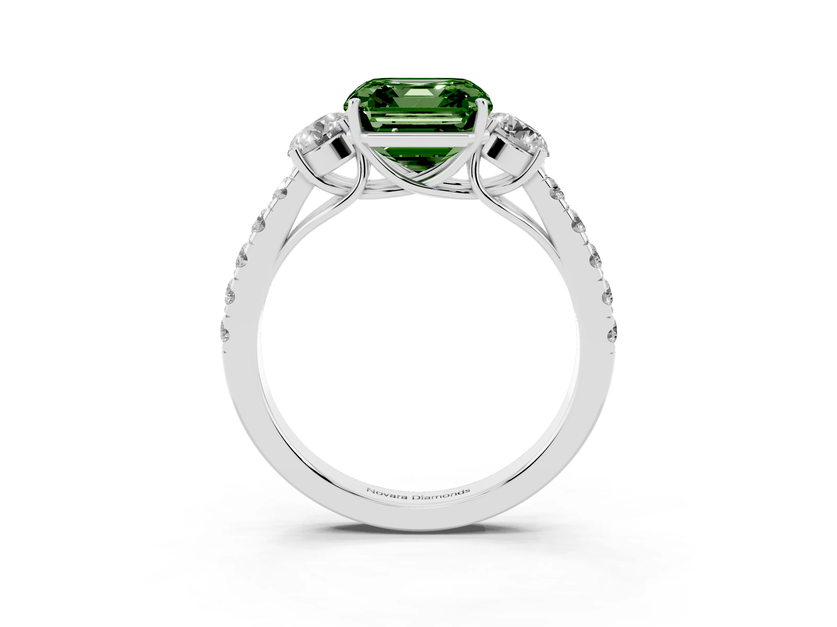 Fancy Green Asscher Cut Diamond Three-Stone Ring Set in Silver with Round Side Stones and Delicate Pavé Band
