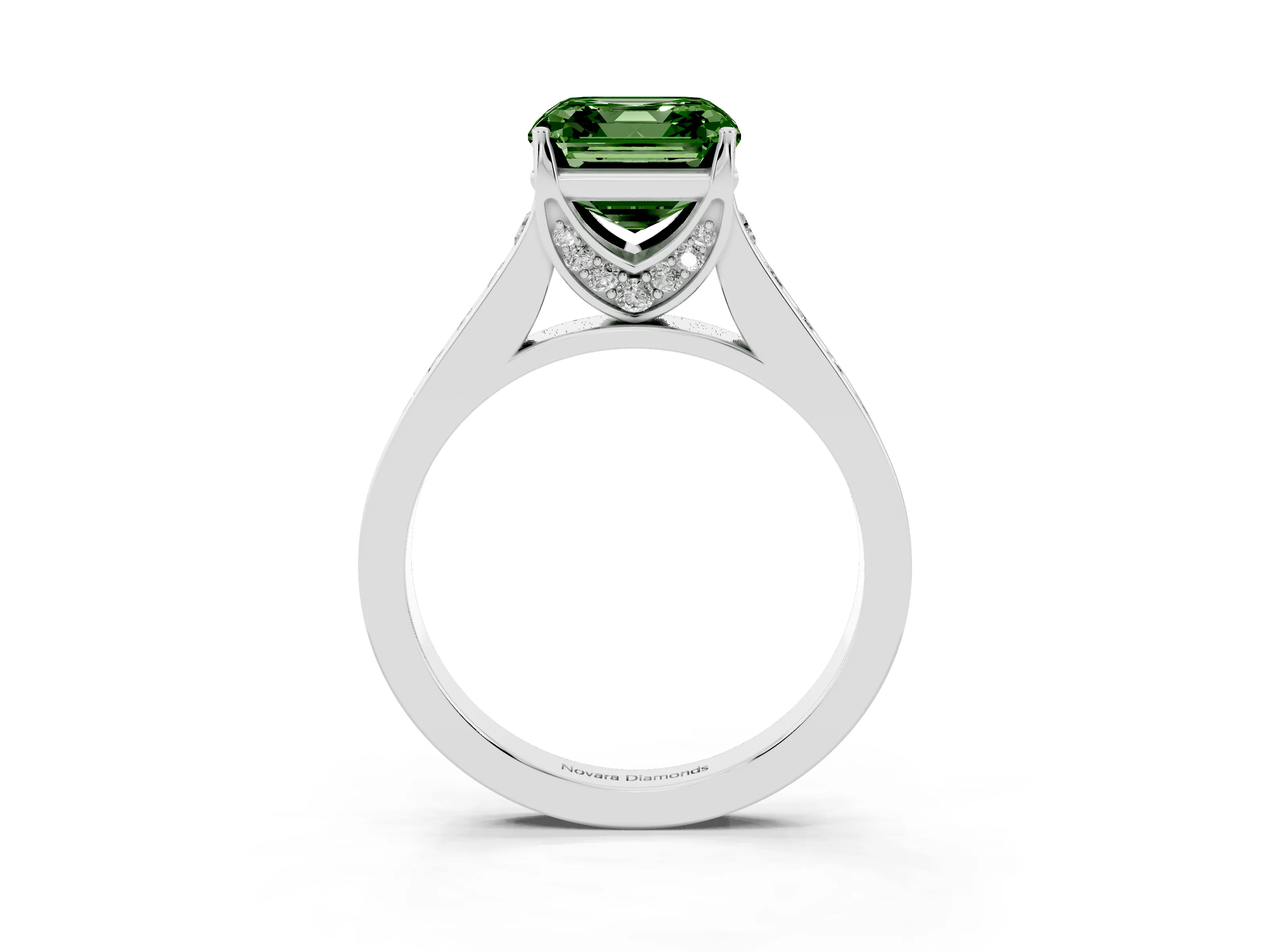 Fancy Green Asscher Cut Diamond Solitaire Pavé Engagement Ring Set in White gold with Prong Setting