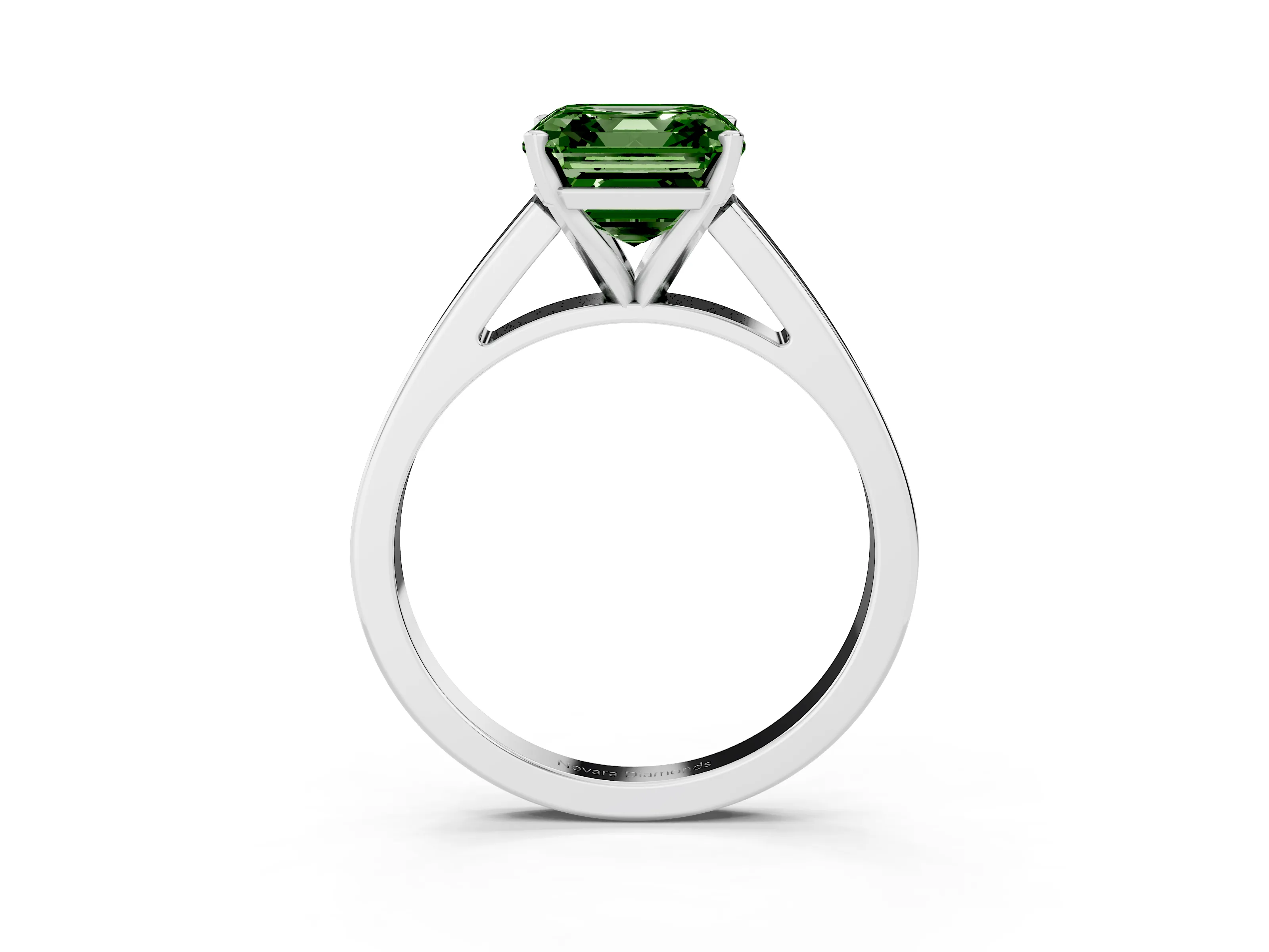 Fancy Green Asscher Cut Diamond Solitaire Engagement Ring Set in White gold with Prong Setting and Tapered Band