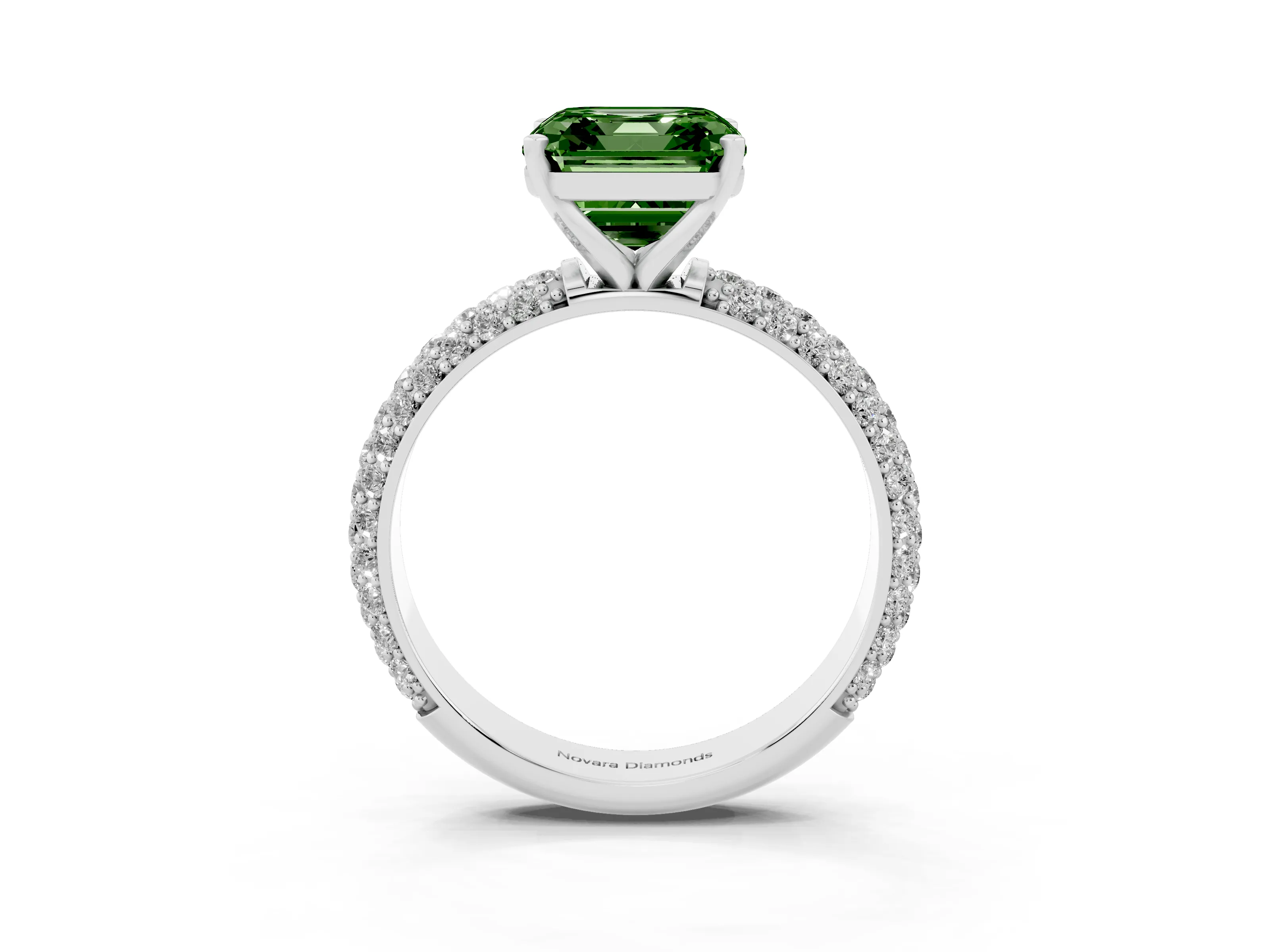 Fancy Green Asscher Cut Diamond Solitaire Ring Set in Silver with Prong Setting and Pavé-Set Band